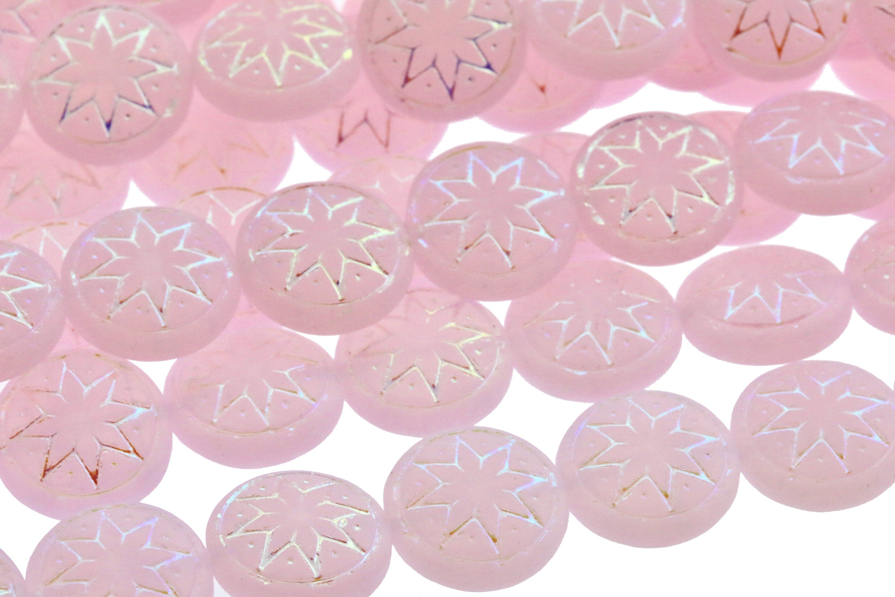 6pcs Czech Star of Ishtar beads - pressed Czech glass puffed coins - FROSTED Light Pink Opal AB - 13mm