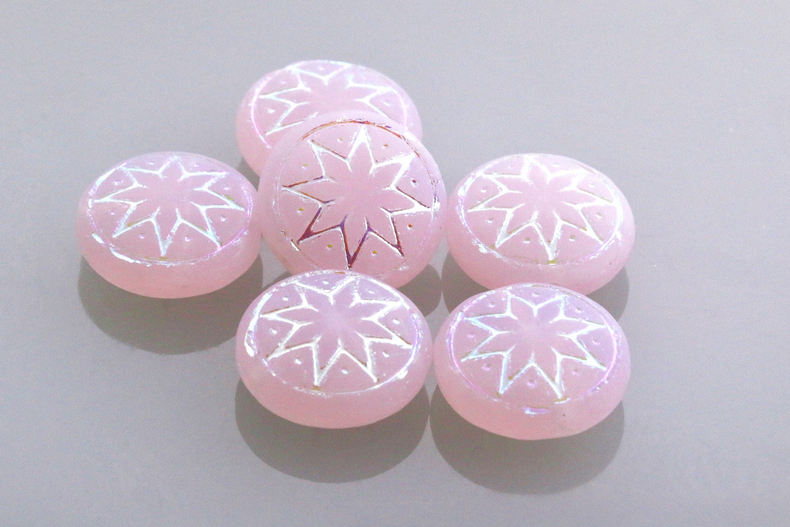 6pcs Czech Star of Ishtar beads - pressed Czech glass puffed coins - FROSTED Light Pink Opal AB - 13mm