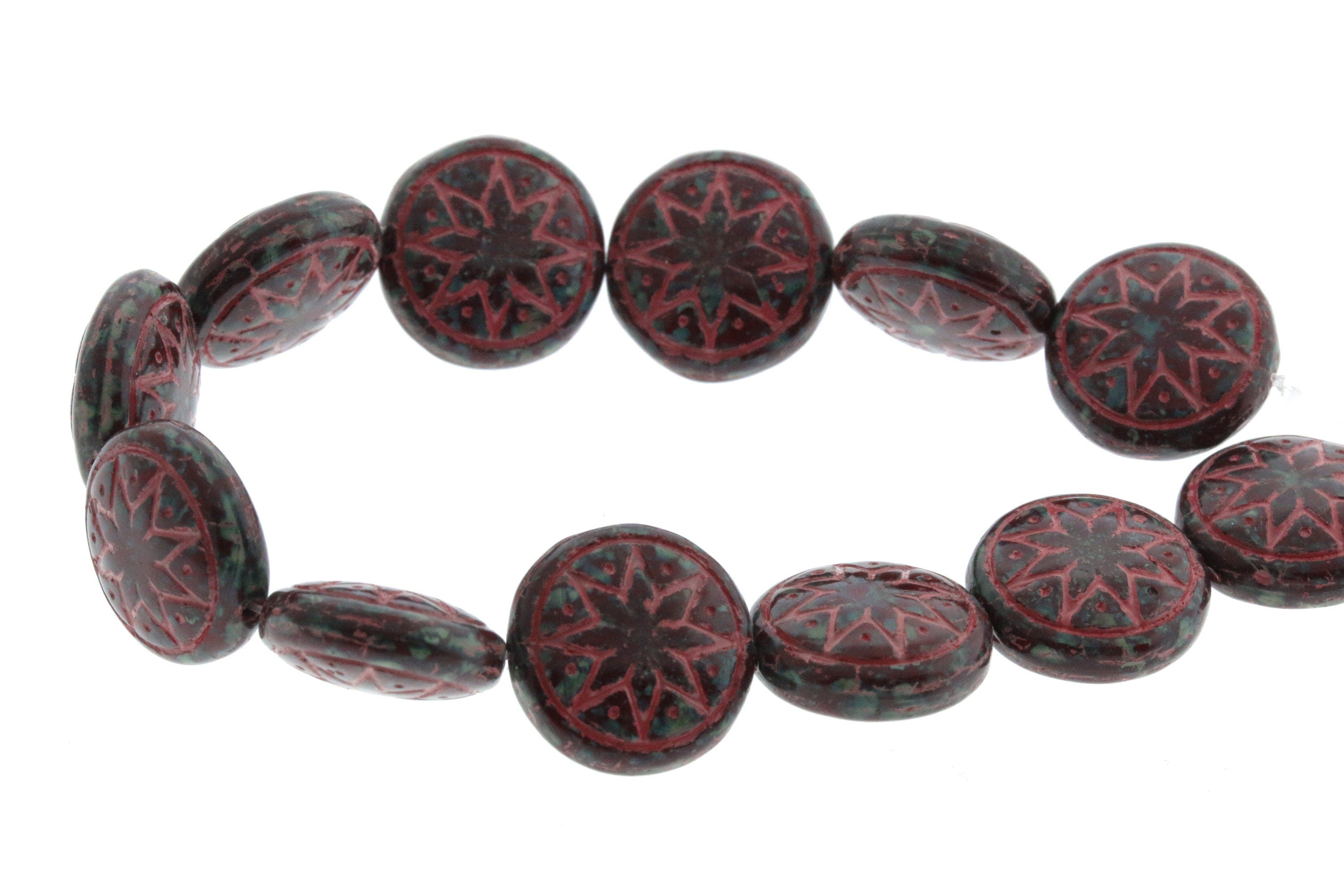 6pcs Czech Star of Ishtar beads - pressed Czech glass puffed coins - Umber TRAVERTINE with CORAL wash - 13mm