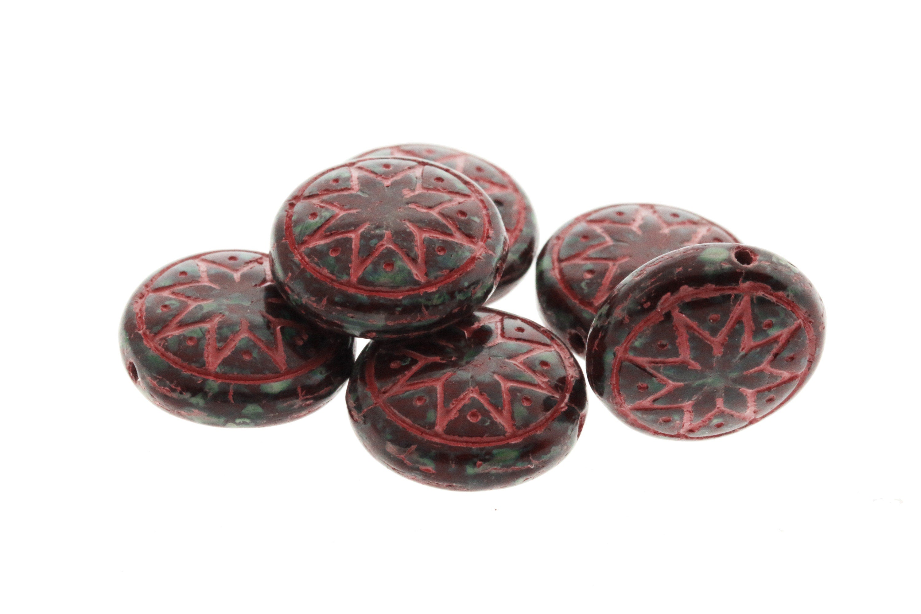 6pcs Czech Star of Ishtar beads - pressed Czech glass puffed coins - Umber TRAVERTINE with CORAL wash - 13mm