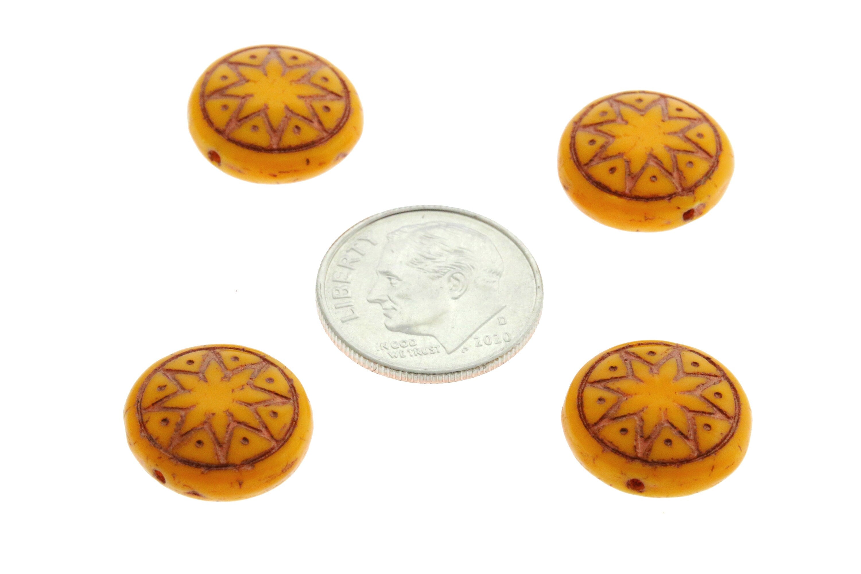 6pcs Czech Star of Ishtar beads - pressed Czech glass puffed coins - Opaque Butterscotch with BRONZE wash - 13mm