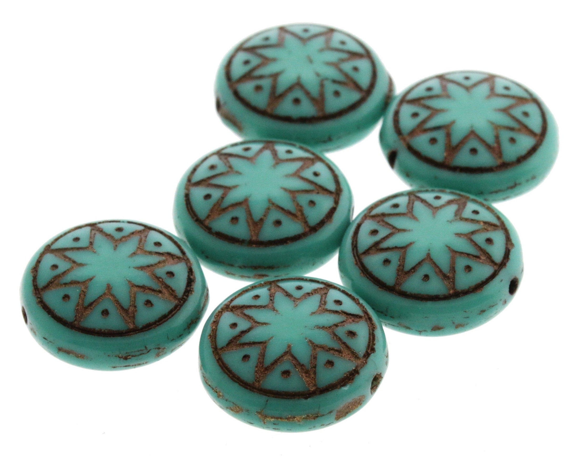 6pcs Czech Star of Ishtar beads - pressed Czech glass puffed coins - Opaque Green Turquoise with DARK BRONZE wash - 13mm