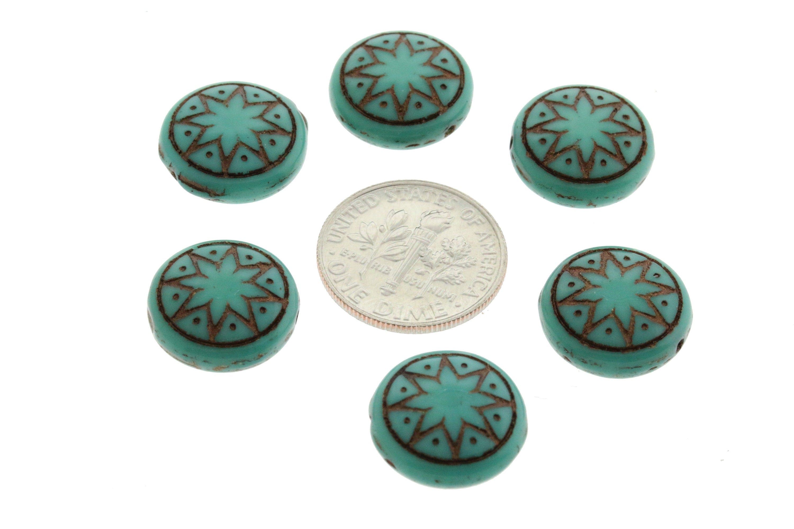 6pcs Czech Star of Ishtar beads - pressed Czech glass puffed coins - Opaque Green Turquoise with DARK BRONZE wash - 13mm