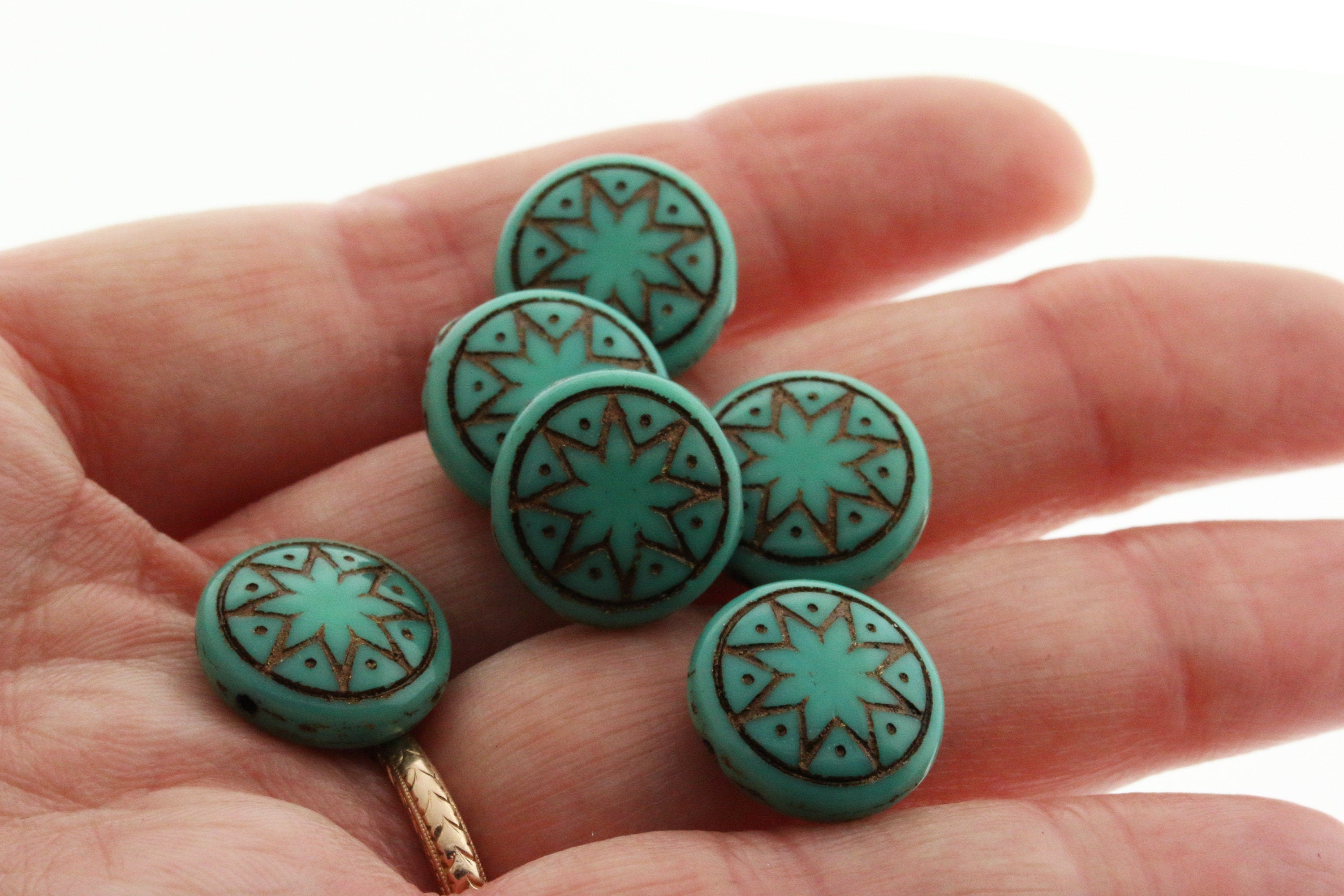 6pcs Czech Star of Ishtar beads - pressed Czech glass puffed coins - Opaque Green Turquoise with DARK BRONZE wash - 13mm