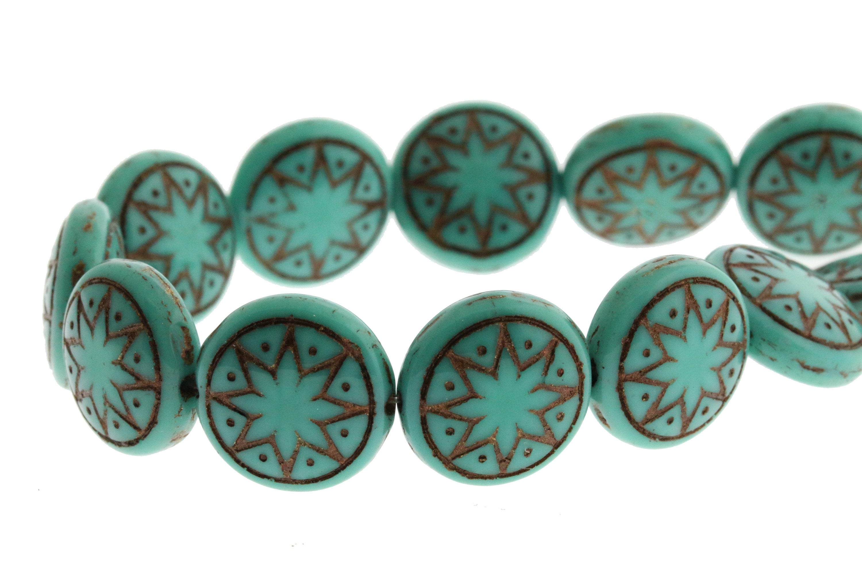 6pcs Czech Star of Ishtar beads - pressed Czech glass puffed coins - Opaque Green Turquoise with DARK BRONZE wash - 13mm