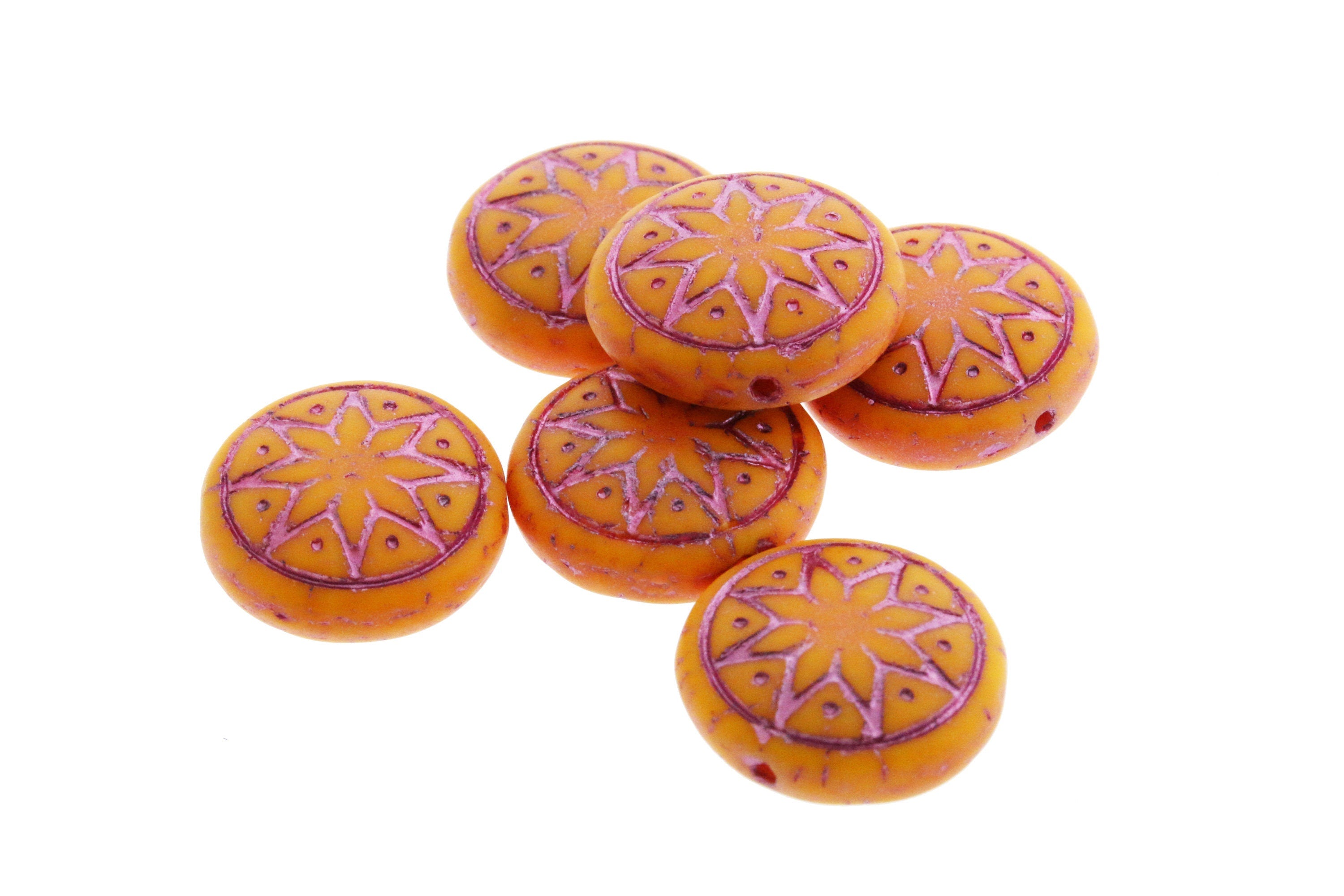 6pcs Czech Star of Ishtar beads - pressed Czech glass puffed coins - MATTE Marigold Orange with METALLIC PINK wash - 13mm