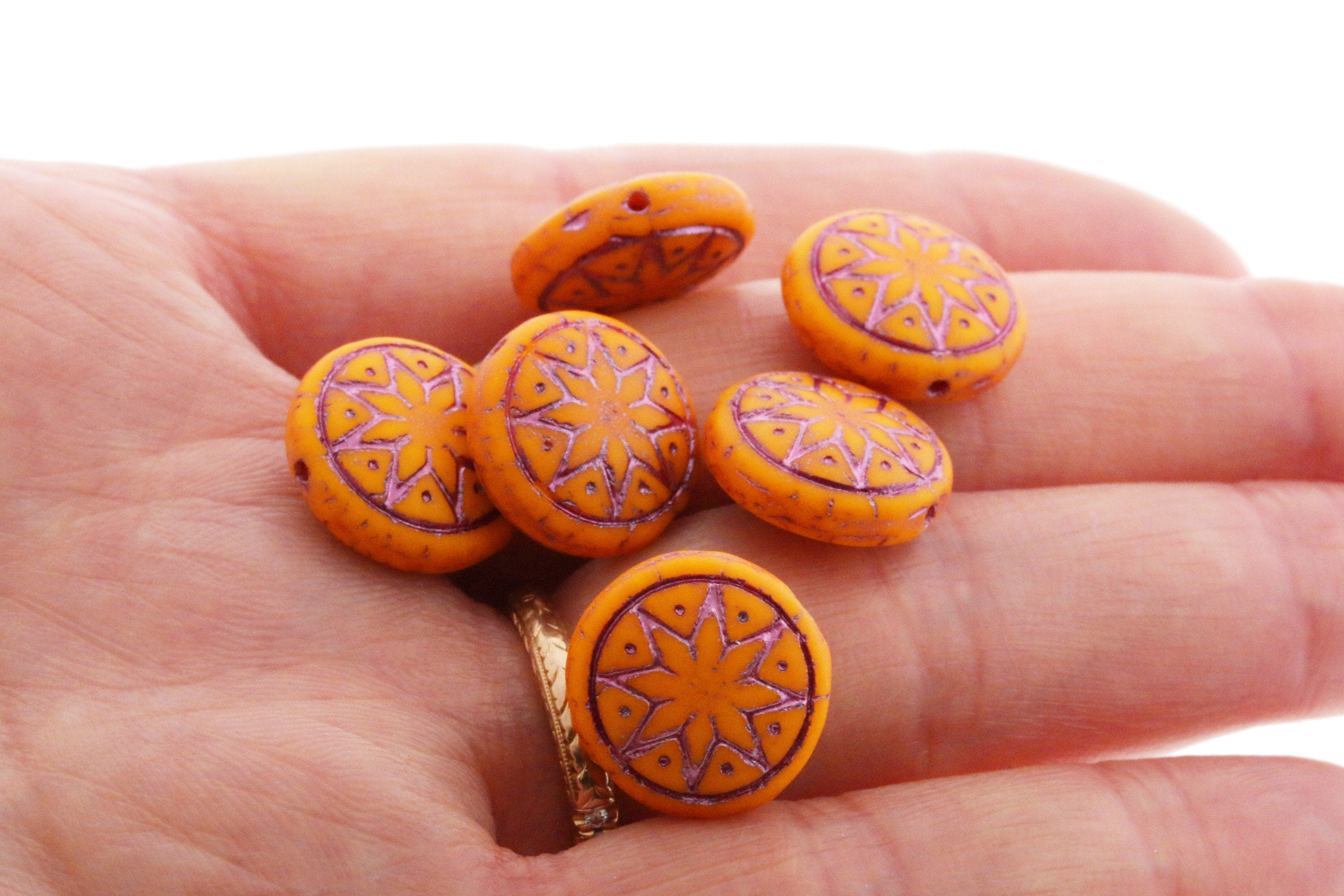 6pcs Czech Star of Ishtar beads - pressed Czech glass puffed coins - MATTE Marigold Orange with METALLIC PINK wash - 13mm