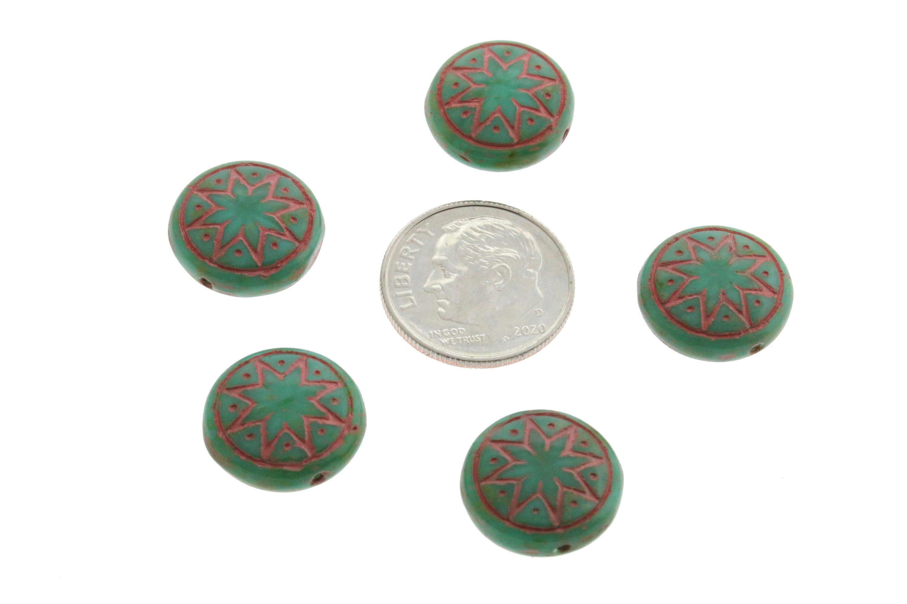 6pcs Czech Star of Ishtar beads - pressed Czech glass puffed coins - Opaque Green Turquoise TRAVERTINE with CORAL wash - 13mm