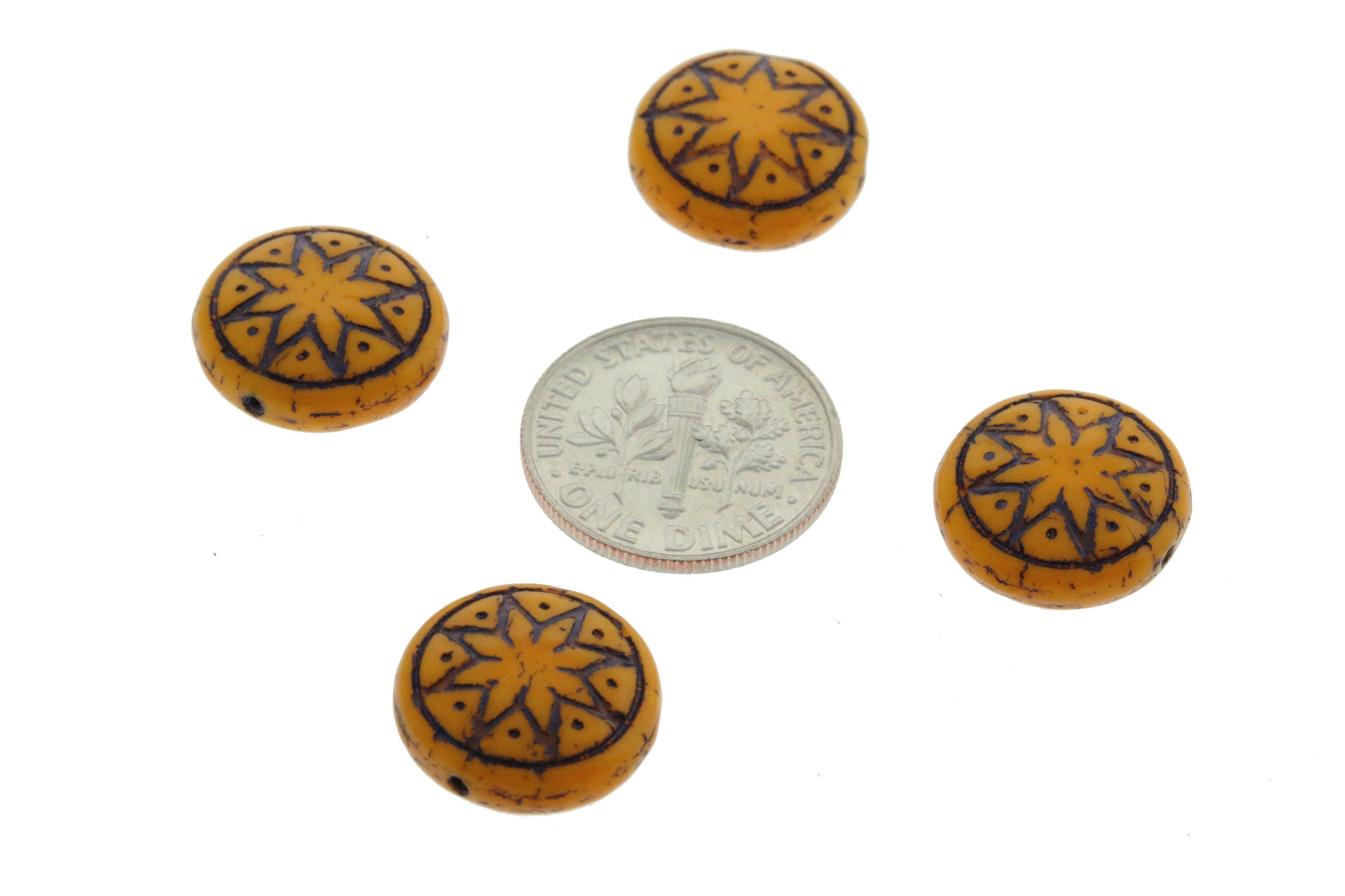 6pcs Czech Star of Ishtar beads - pressed Czech glass puffed coins - Opaque Butterscotch with DARK WINE wash - 13mm