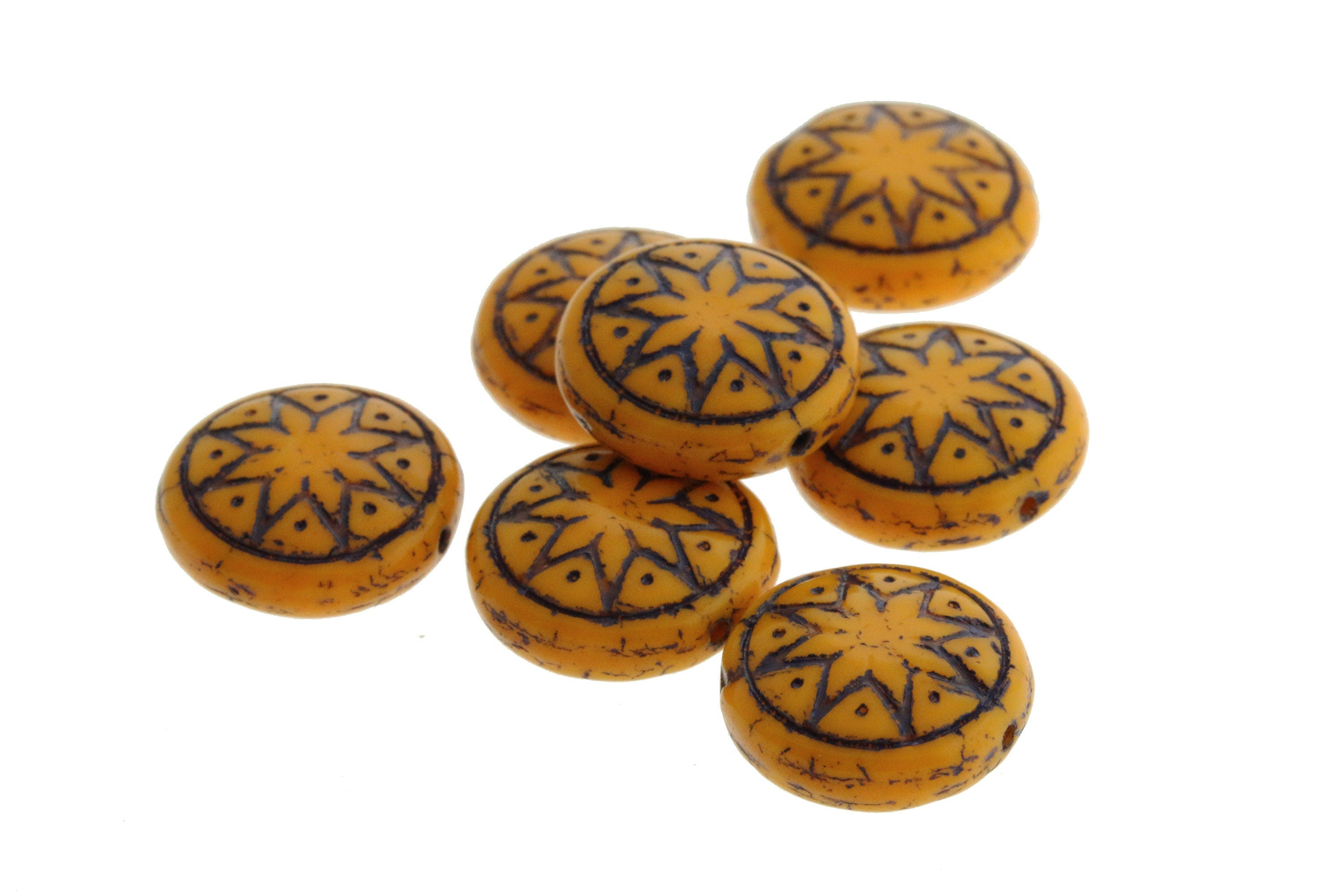 6pcs Czech Star of Ishtar beads - pressed Czech glass puffed coins - Opaque Butterscotch with DARK WINE wash - 13mm