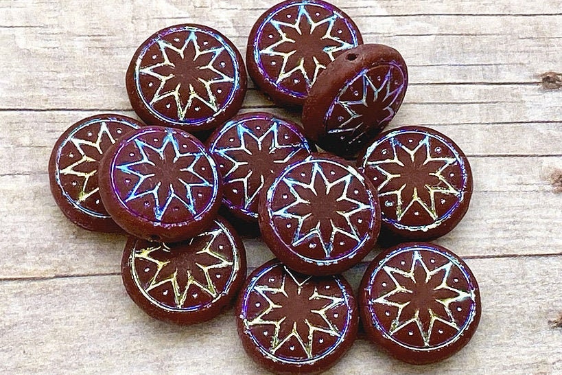 6pcs Czech Star of Ishtar beads - pressed Czech glass puffed coins - FROSTED Umber / Chocolate AB - 13mm