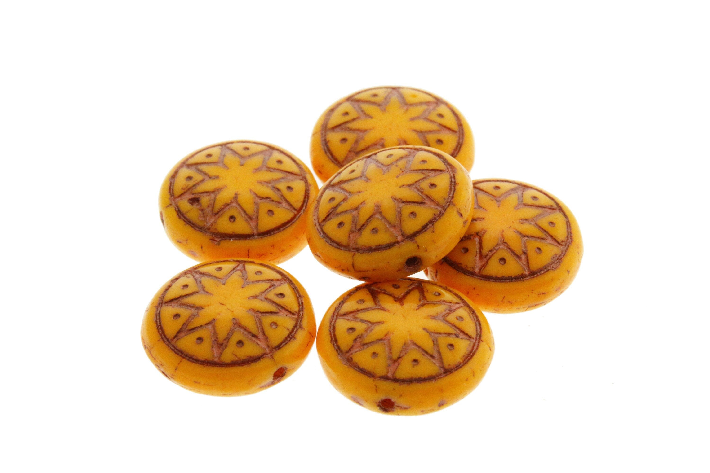 6pcs Czech Star of Ishtar beads - pressed Czech glass puffed coins - Opaque Butterscotch with BRONZE wash - 13mm