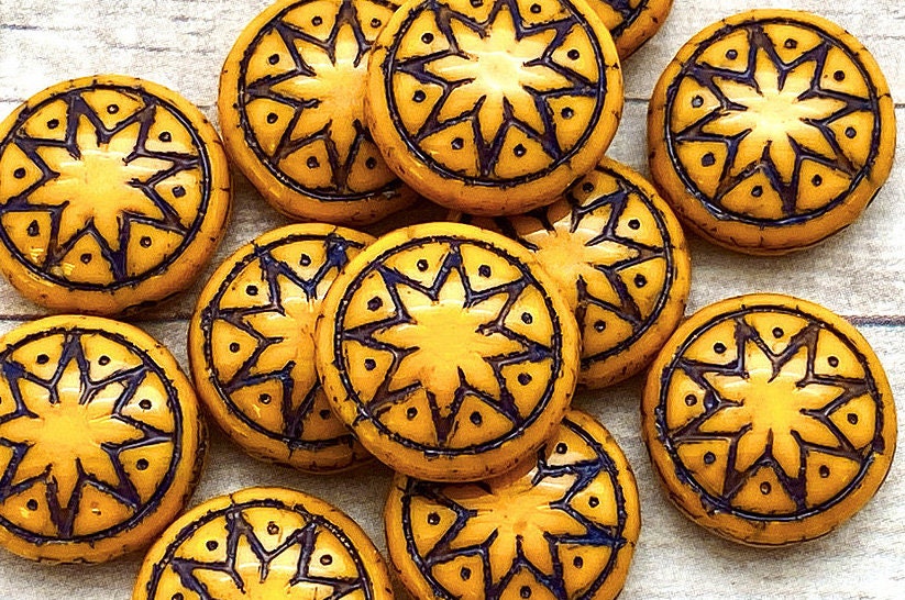 6pcs Czech Star of Ishtar beads - pressed Czech glass puffed coins - Opaque Butterscotch with DARK WINE wash - 13mm