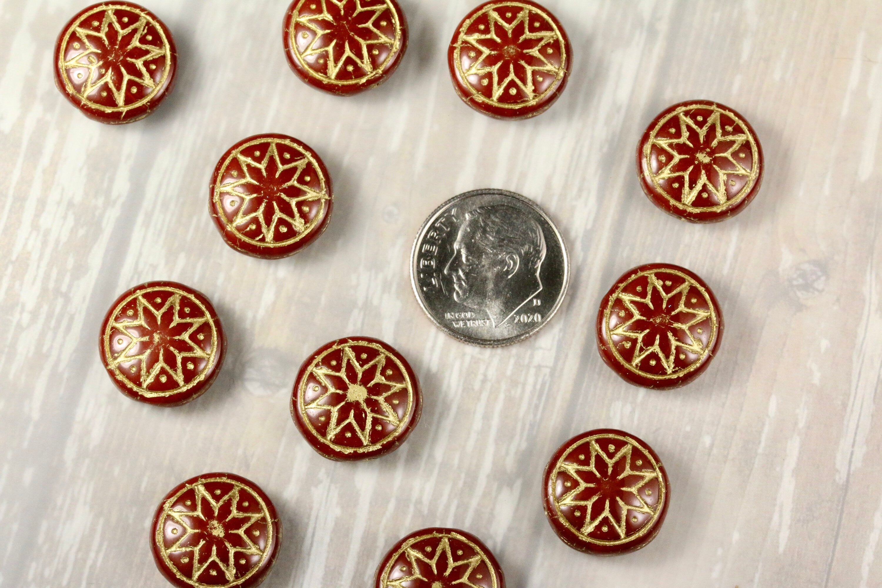 6pcs Czech Star of Ishtar beads - pressed Czech glass puffed coins - Umber / Chocolate GOLD wash - 13mm