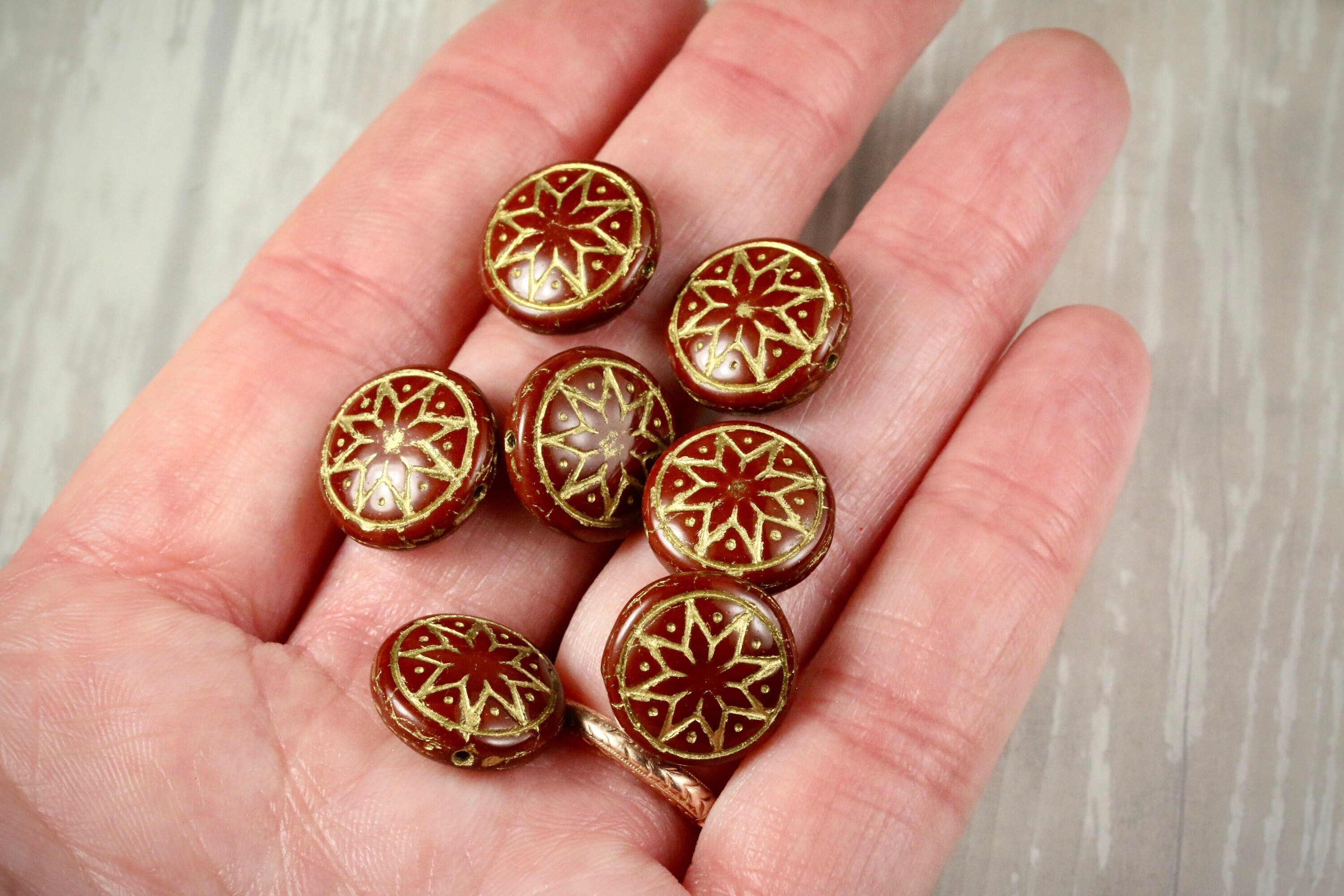 6pcs Czech Star of Ishtar beads - pressed Czech glass puffed coins - Umber / Chocolate GOLD wash - 13mm