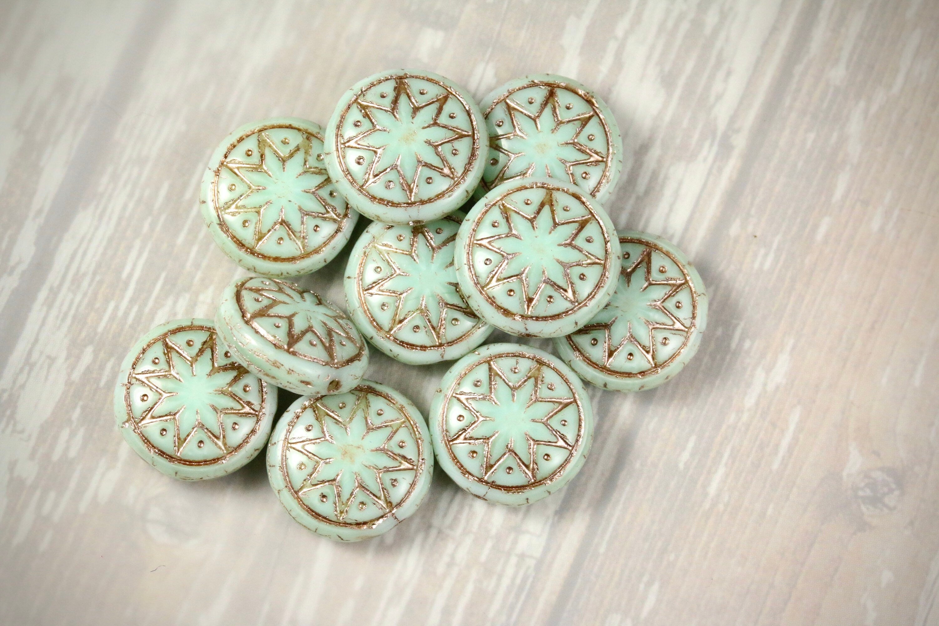 6pcs Czech Star of Ishtar beads - pressed Czech glass puffed coins - Pale Jade PLATINUM Wash - 13mm