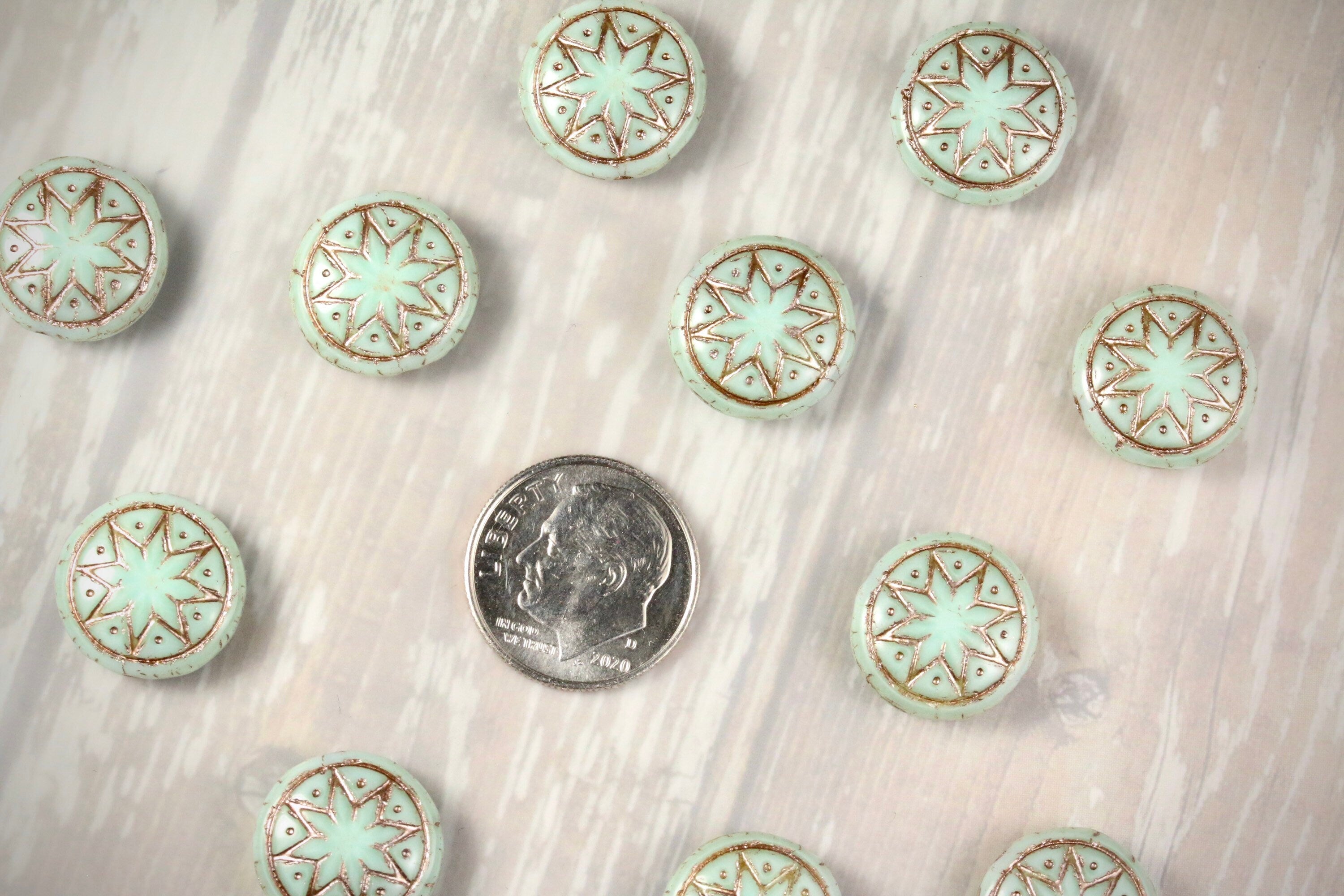 6pcs Czech Star of Ishtar beads - pressed Czech glass puffed coins - Pale Jade PLATINUM Wash - 13mm