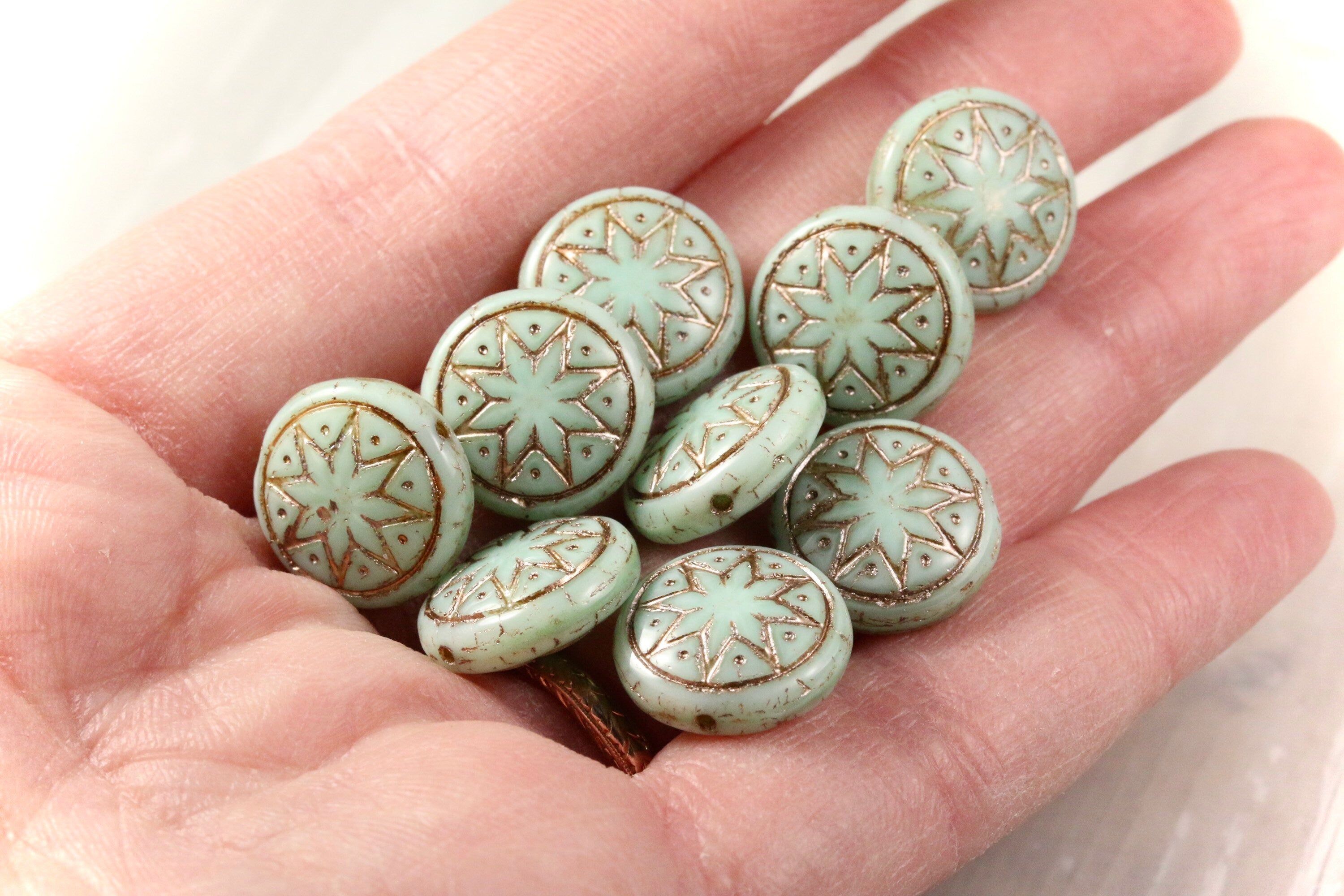 6pcs Czech Star of Ishtar beads - pressed Czech glass puffed coins - Pale Jade PLATINUM Wash - 13mm