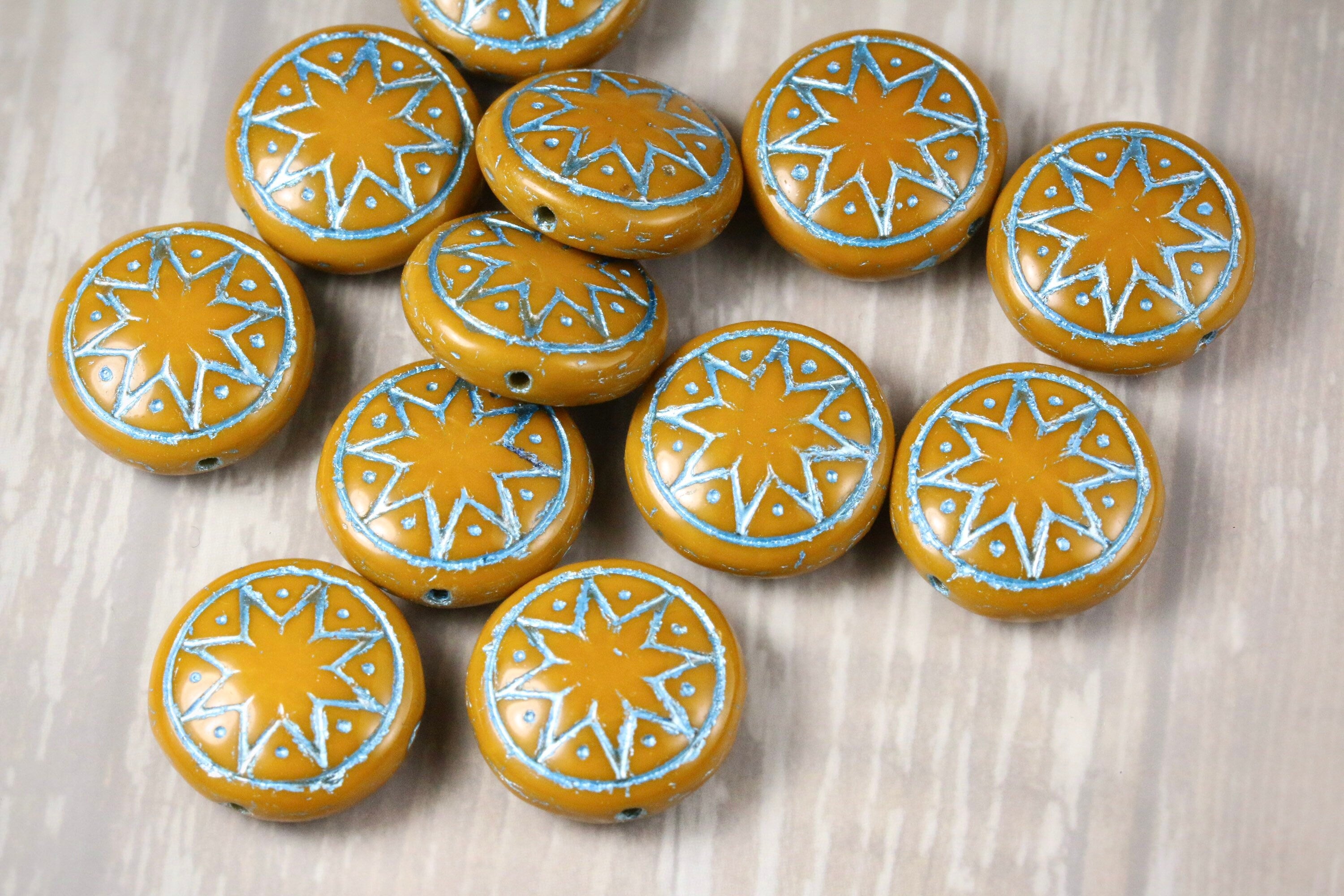 6pcs Czech Star of Ishtar beads - pressed Czech glass puffed coins - Opaque Ocher with METALLIC TURQUOISE wash - 13mm