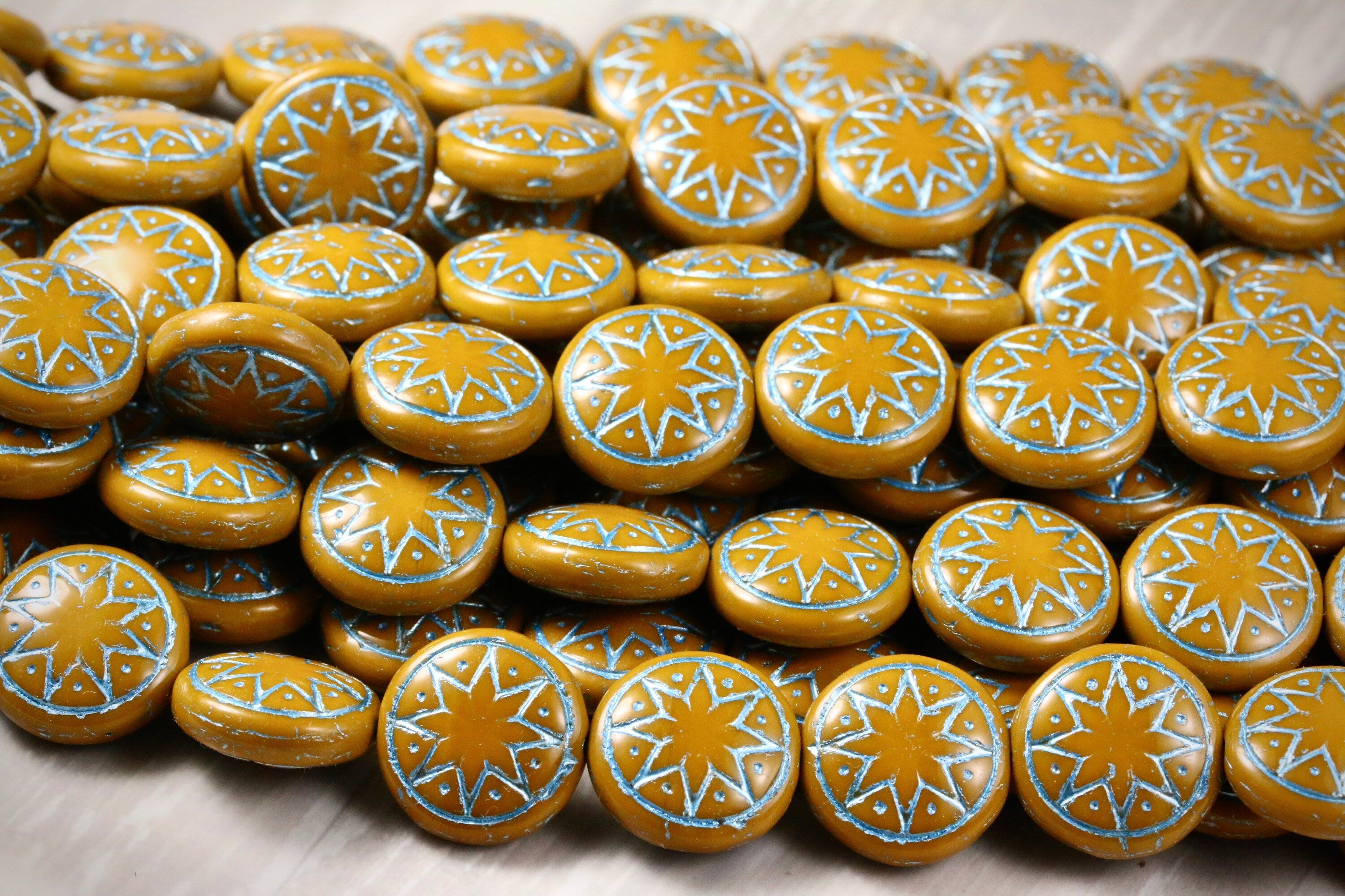 6pcs Czech Star of Ishtar beads - pressed Czech glass puffed coins - Opaque Ocher with METALLIC TURQUOISE wash - 13mm