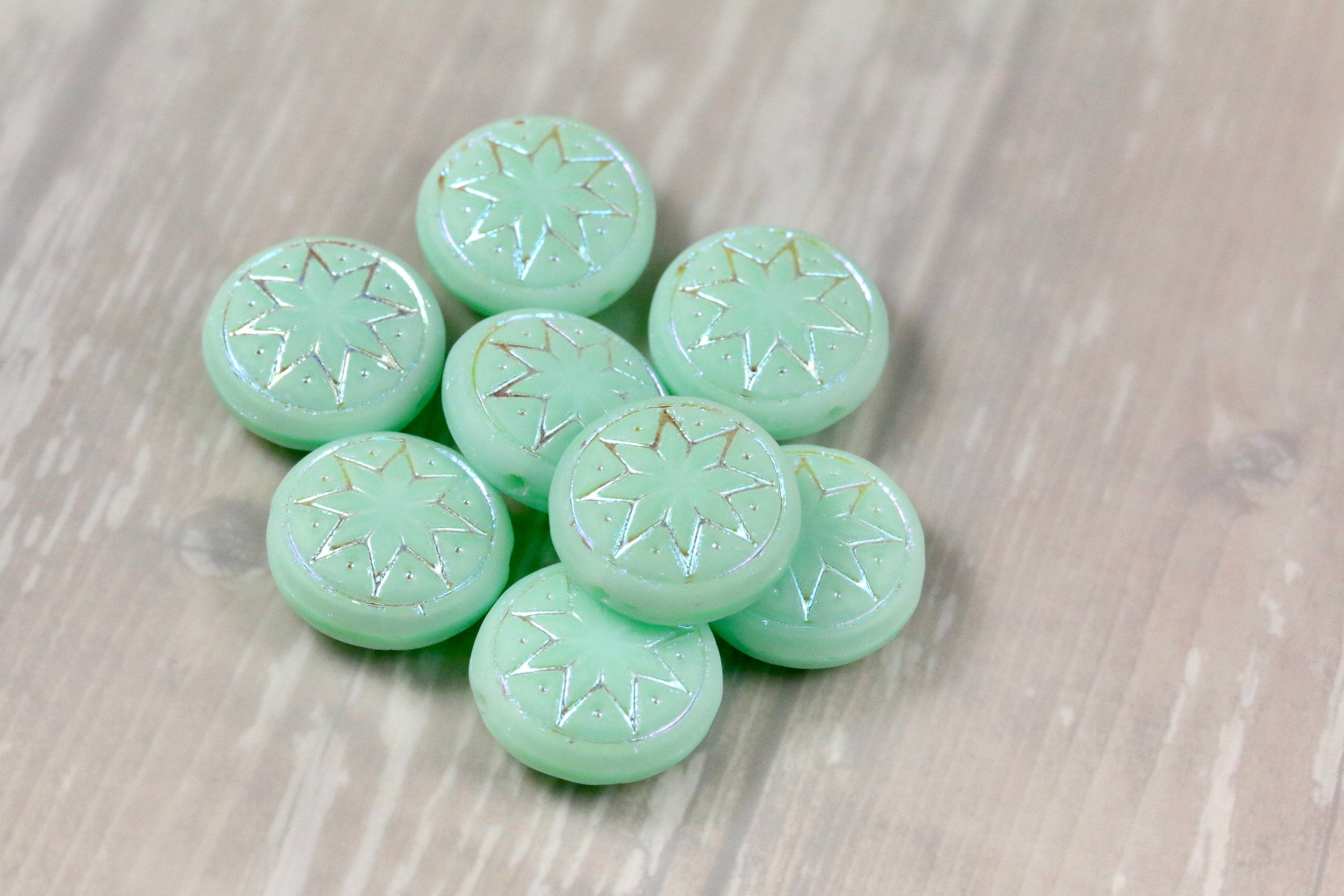 6pcs Czech Star of Ishtar beads - pressed Czech glass puffed coins - FROSTED Pale Mint Jadeite AB - 13mm