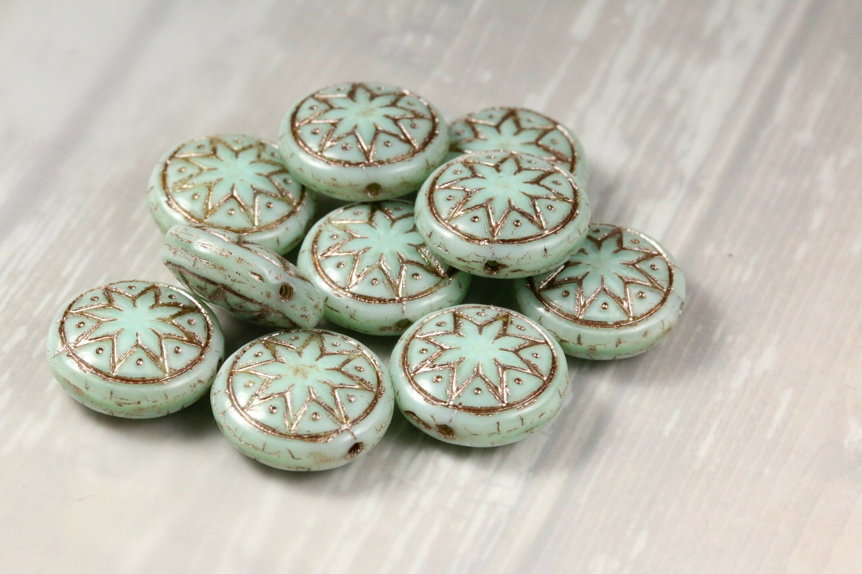 6pcs Czech Star of Ishtar beads - pressed Czech glass puffed coins - Pale Jade PLATINUM Wash - 13mm