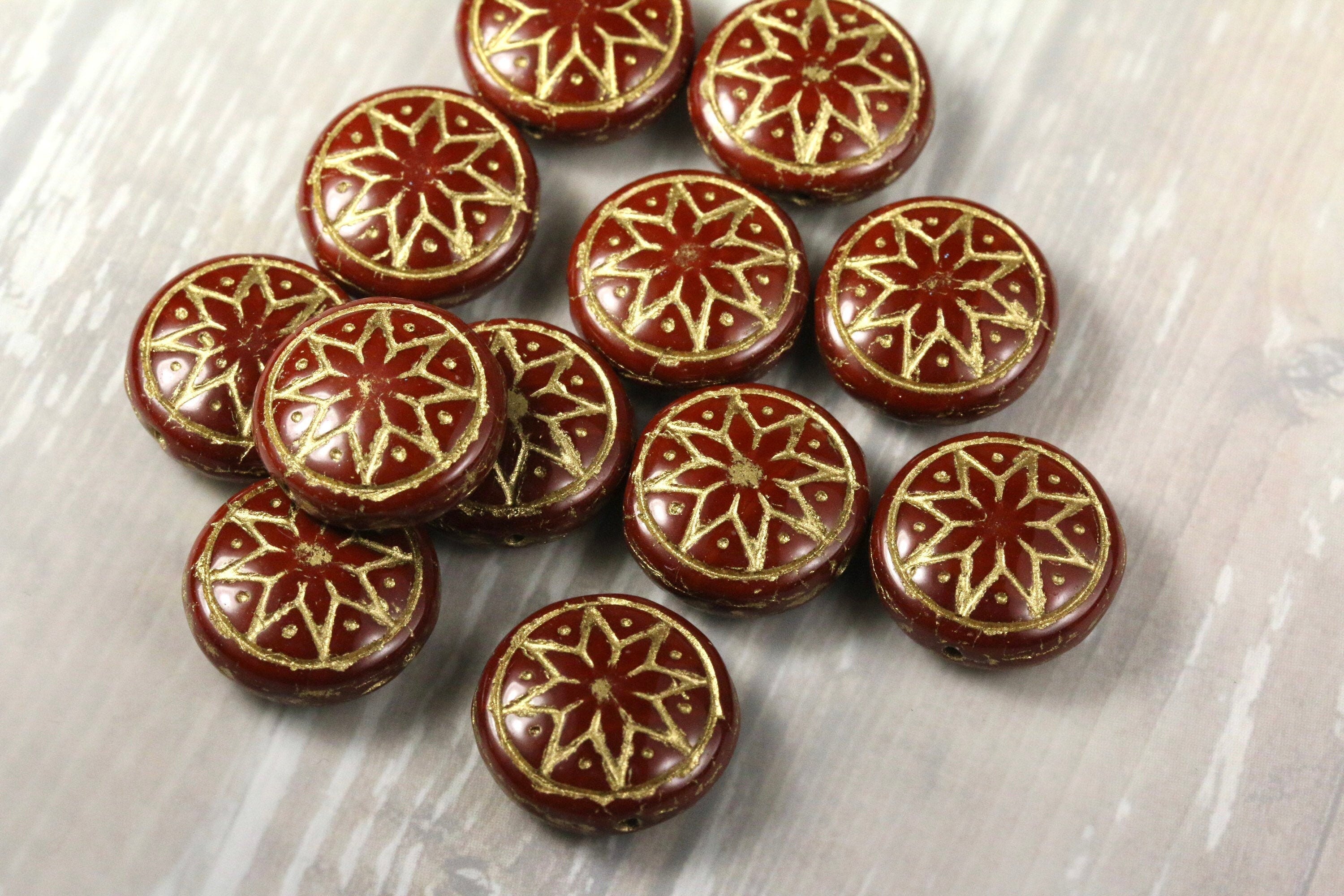 6pcs Czech Star of Ishtar beads - pressed Czech glass puffed coins - Umber / Chocolate GOLD wash - 13mm