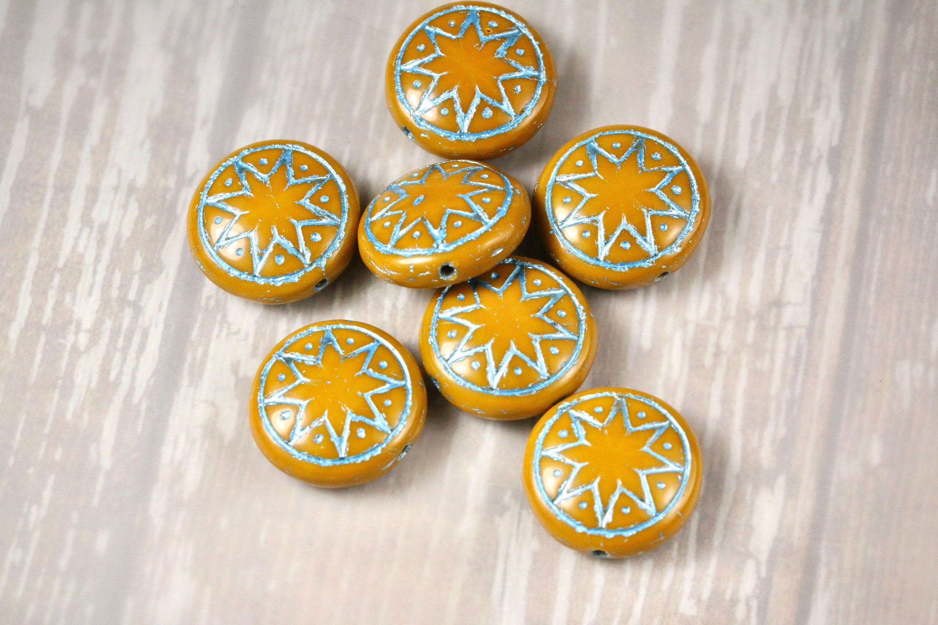 6pcs Czech Star of Ishtar beads - pressed Czech glass puffed coins - Opaque Ocher with METALLIC TURQUOISE wash - 13mm