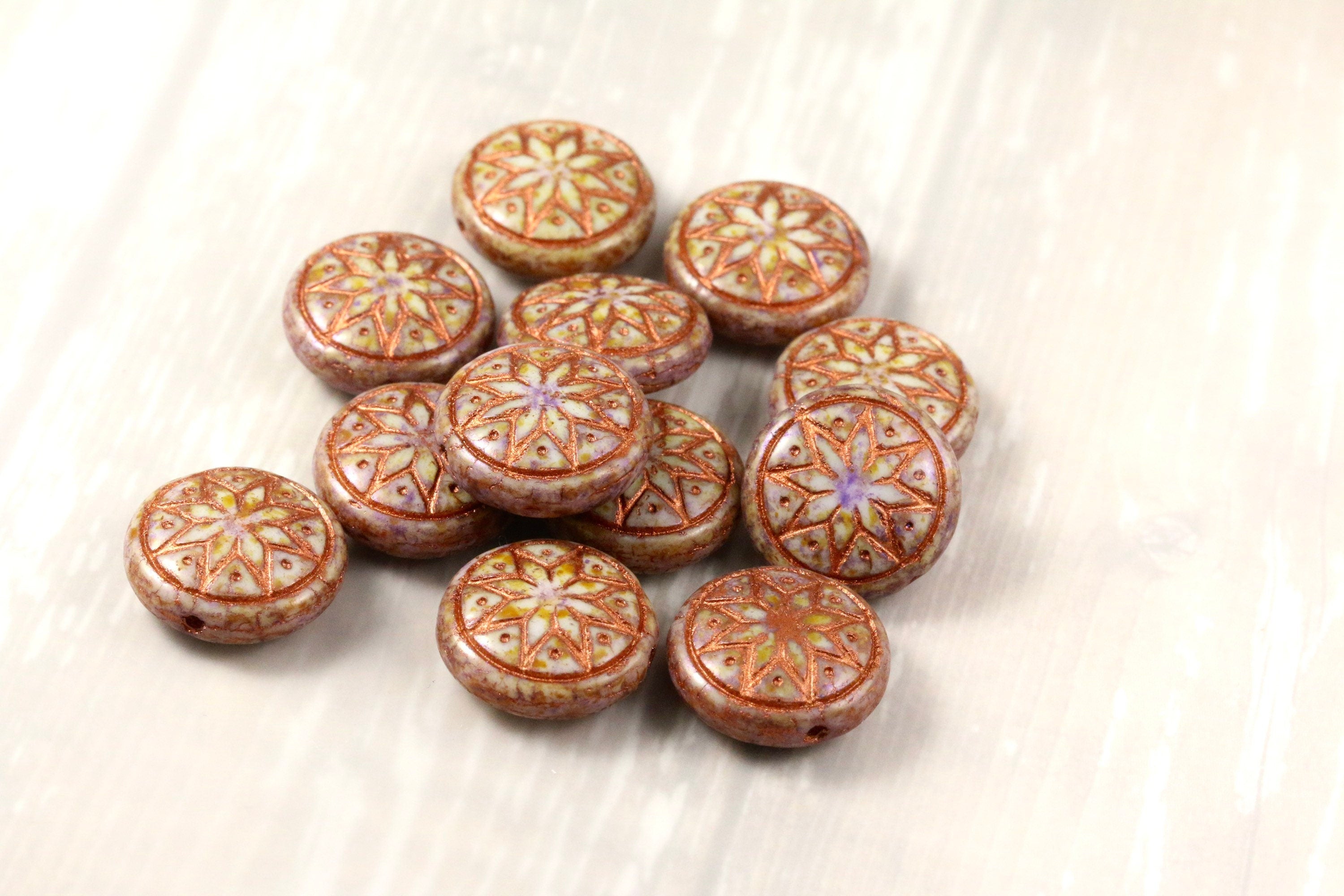 6pcs Czech Star of Ishtar beads - pressed Czech glass puffed coins - Alabaster Lilac with METALLIC COPPER wash - 13mm