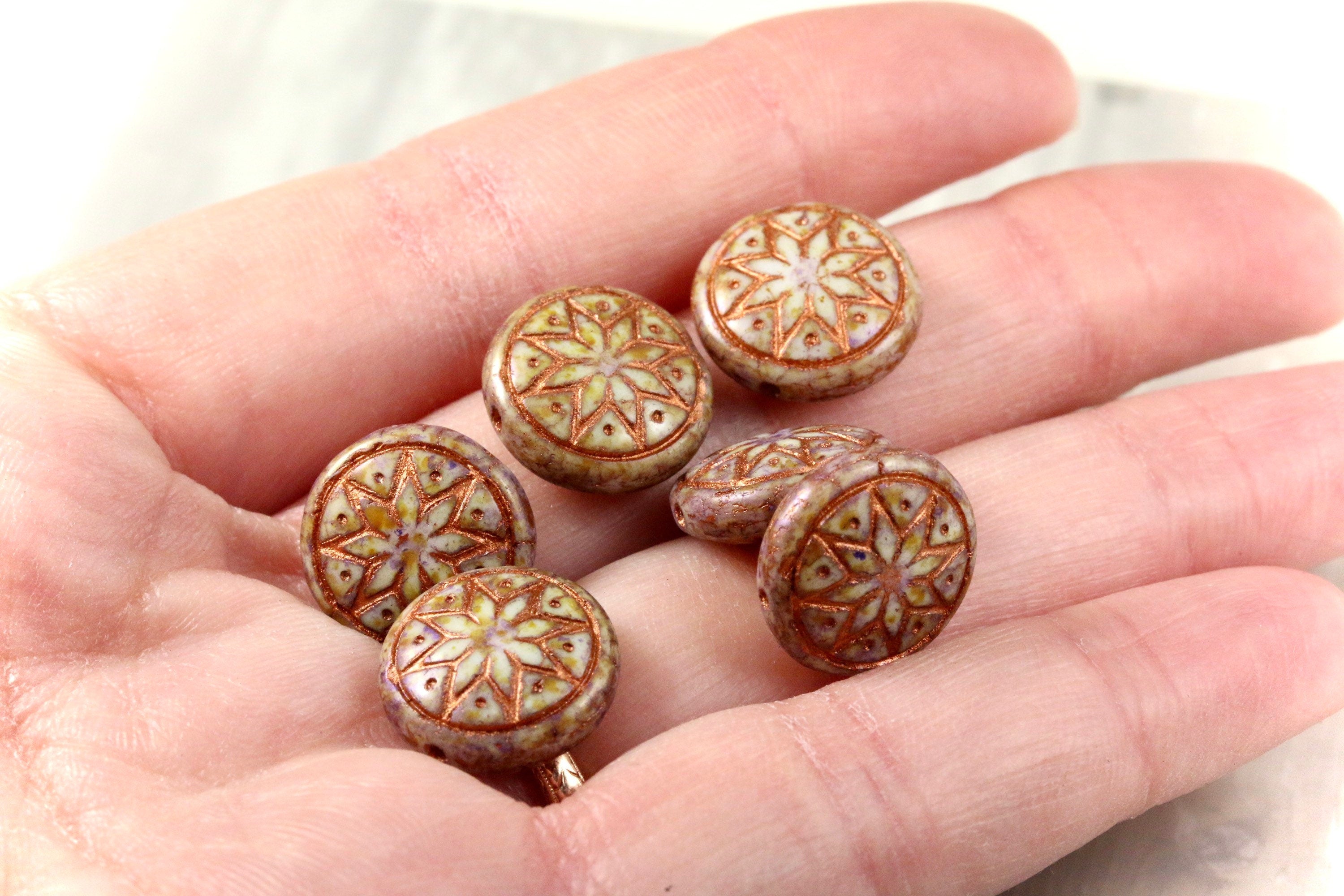 6pcs Czech Star of Ishtar beads - pressed Czech glass puffed coins - Alabaster Lilac with METALLIC COPPER wash - 13mm