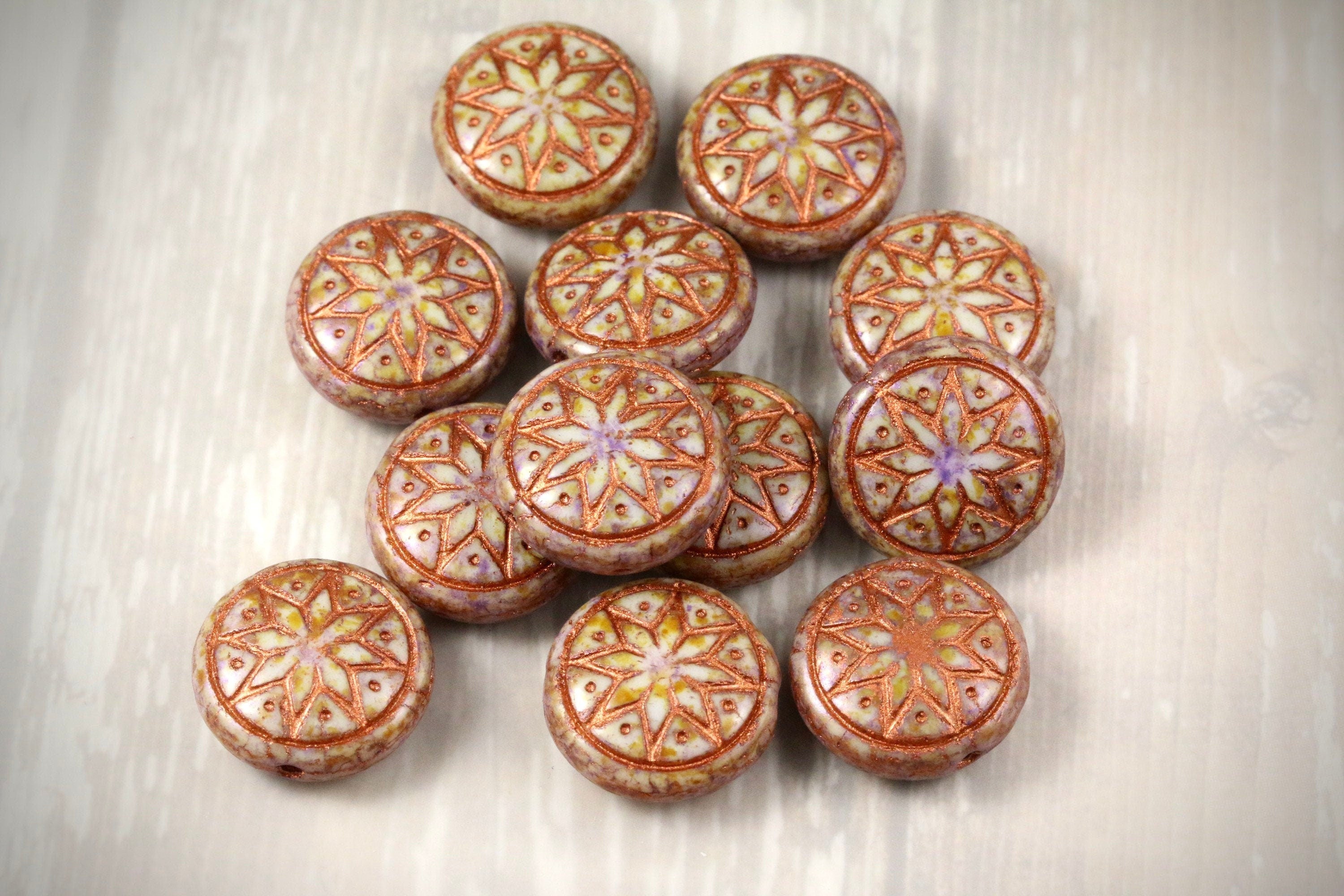 6pcs Czech Star of Ishtar beads - pressed Czech glass puffed coins - Alabaster Lilac with METALLIC COPPER wash - 13mm