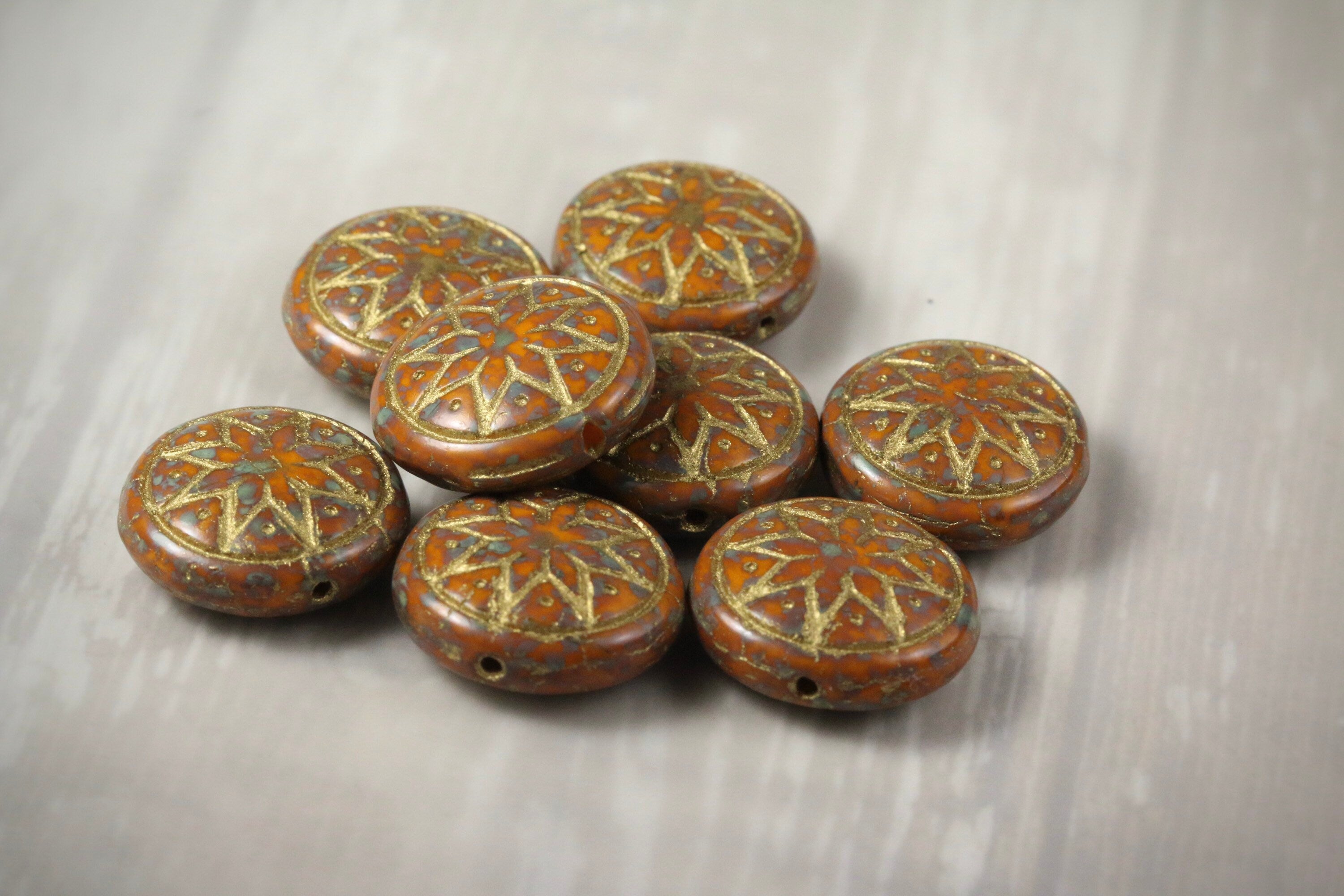 6pcs Czech Star of Ishtar beads - pressed Czech glass puffed coins - Opaque Goldenrod TRAVERTINE METALLIC GOLD wash - 13mm