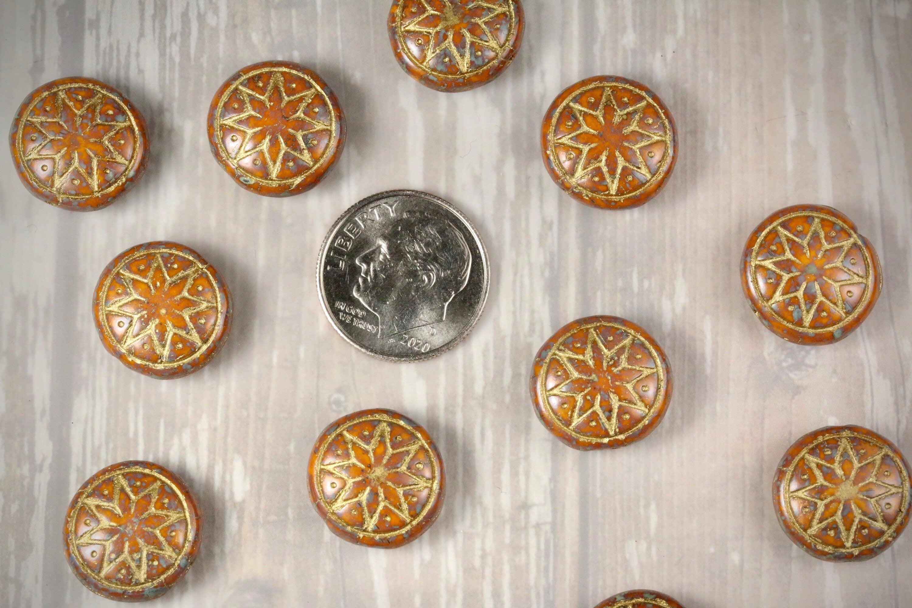 6pcs Czech Star of Ishtar beads - pressed Czech glass puffed coins - Opaque Goldenrod TRAVERTINE METALLIC GOLD wash - 13mm