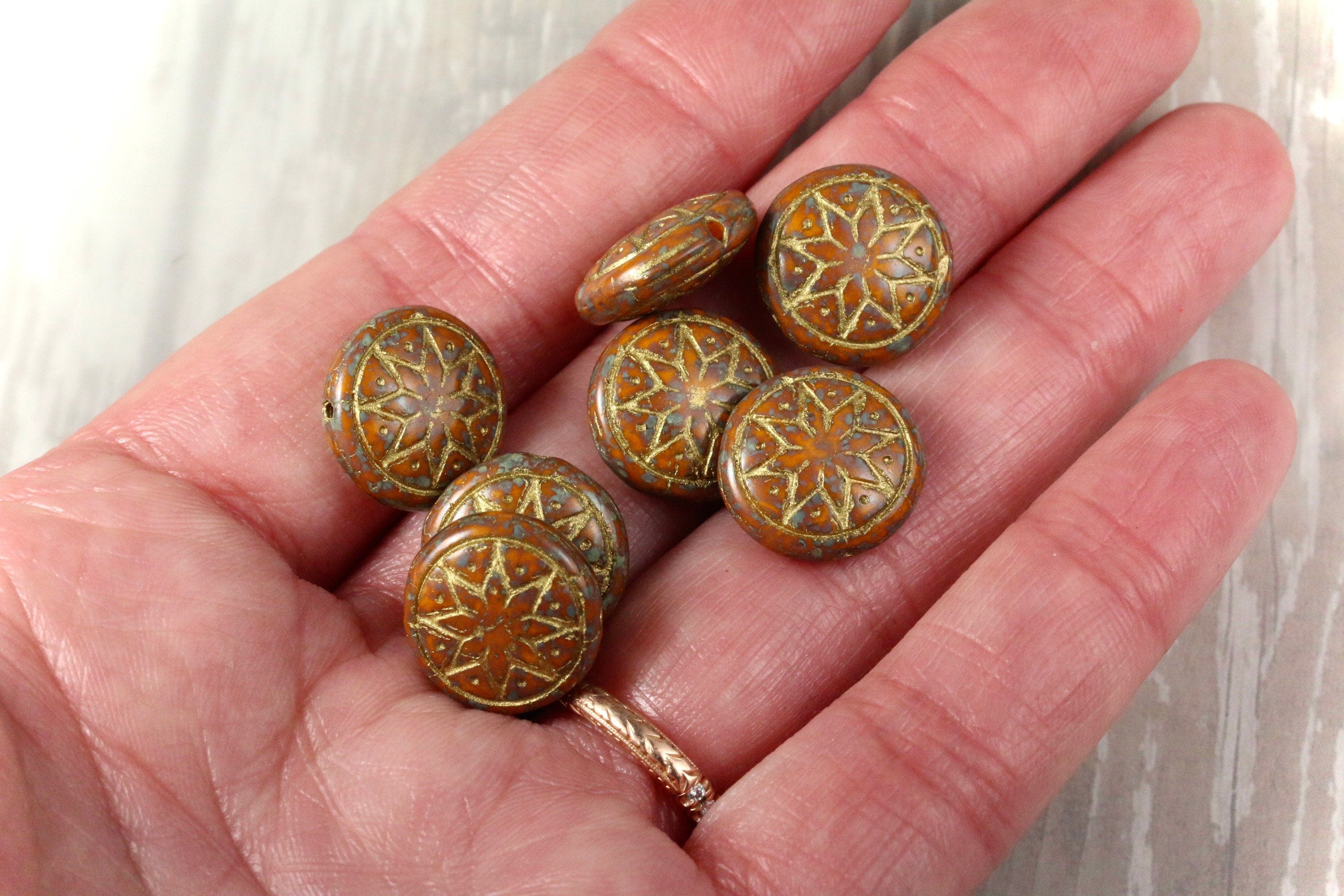 6pcs Czech Star of Ishtar beads - pressed Czech glass puffed coins - Opaque Goldenrod TRAVERTINE METALLIC GOLD wash - 13mm