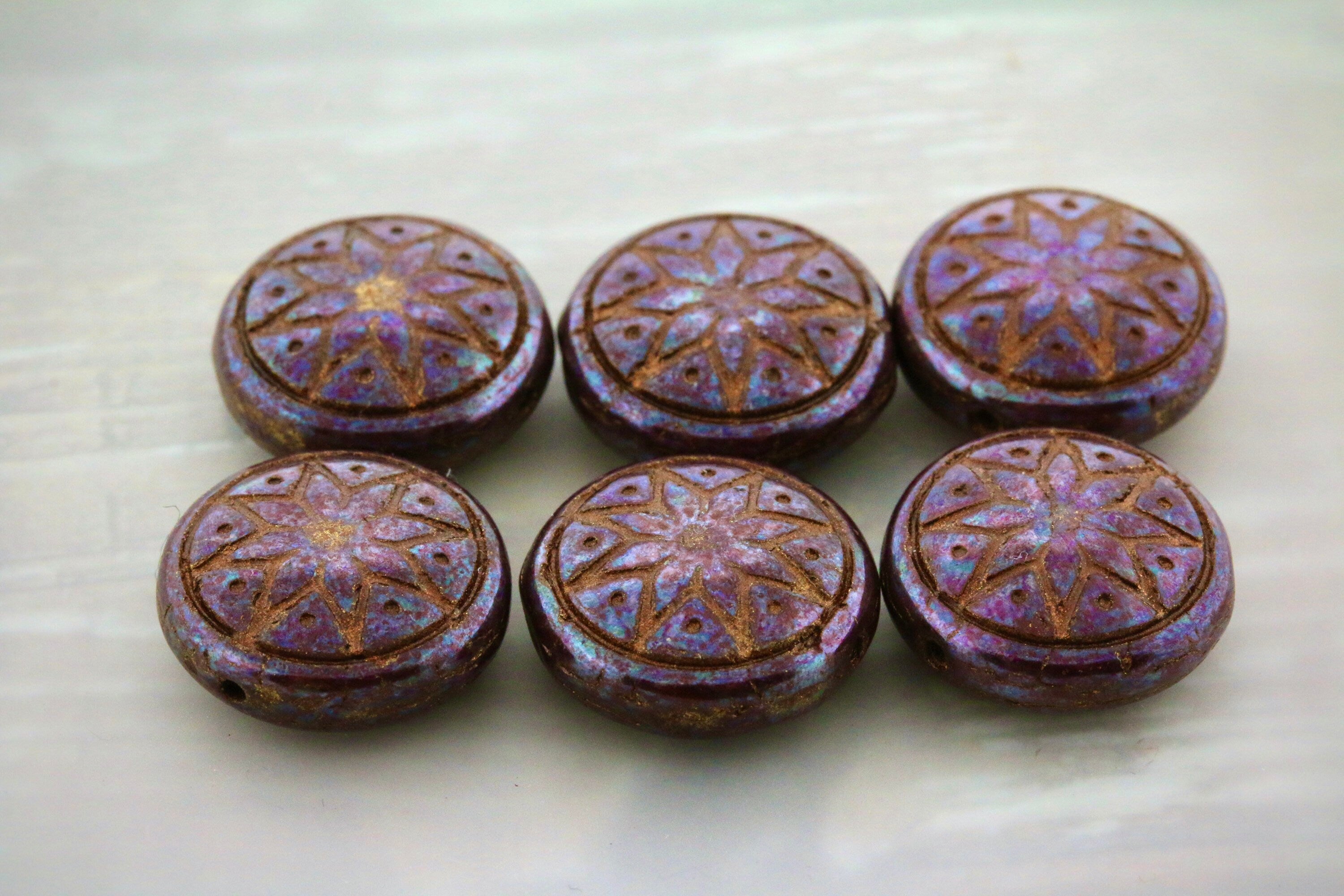 6pcs Czech Star of Ishtar beads - pressed Czech glass puffed coins - Umber / Chocolate NEBULA BRONZE wash - 13mm