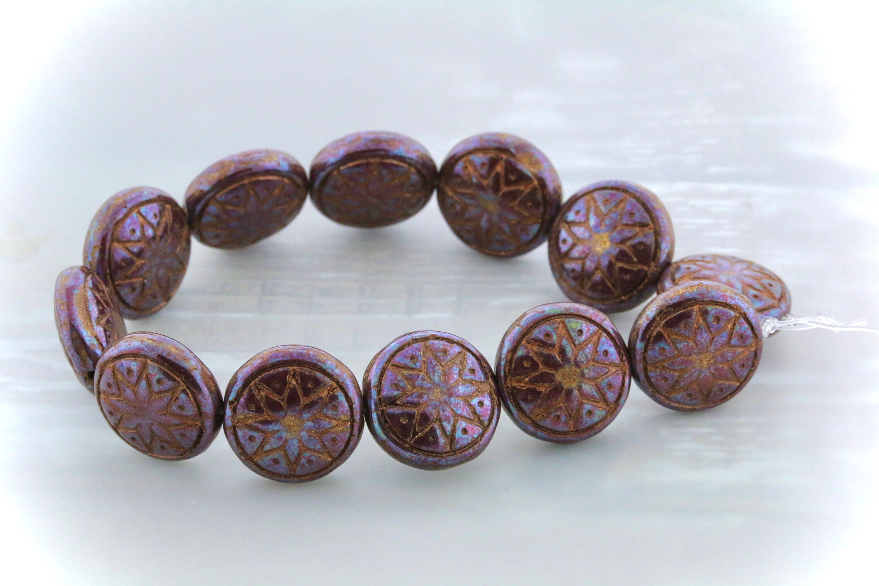 6pcs Czech Star of Ishtar beads - pressed Czech glass puffed coins - Umber / Chocolate NEBULA BRONZE wash - 13mm