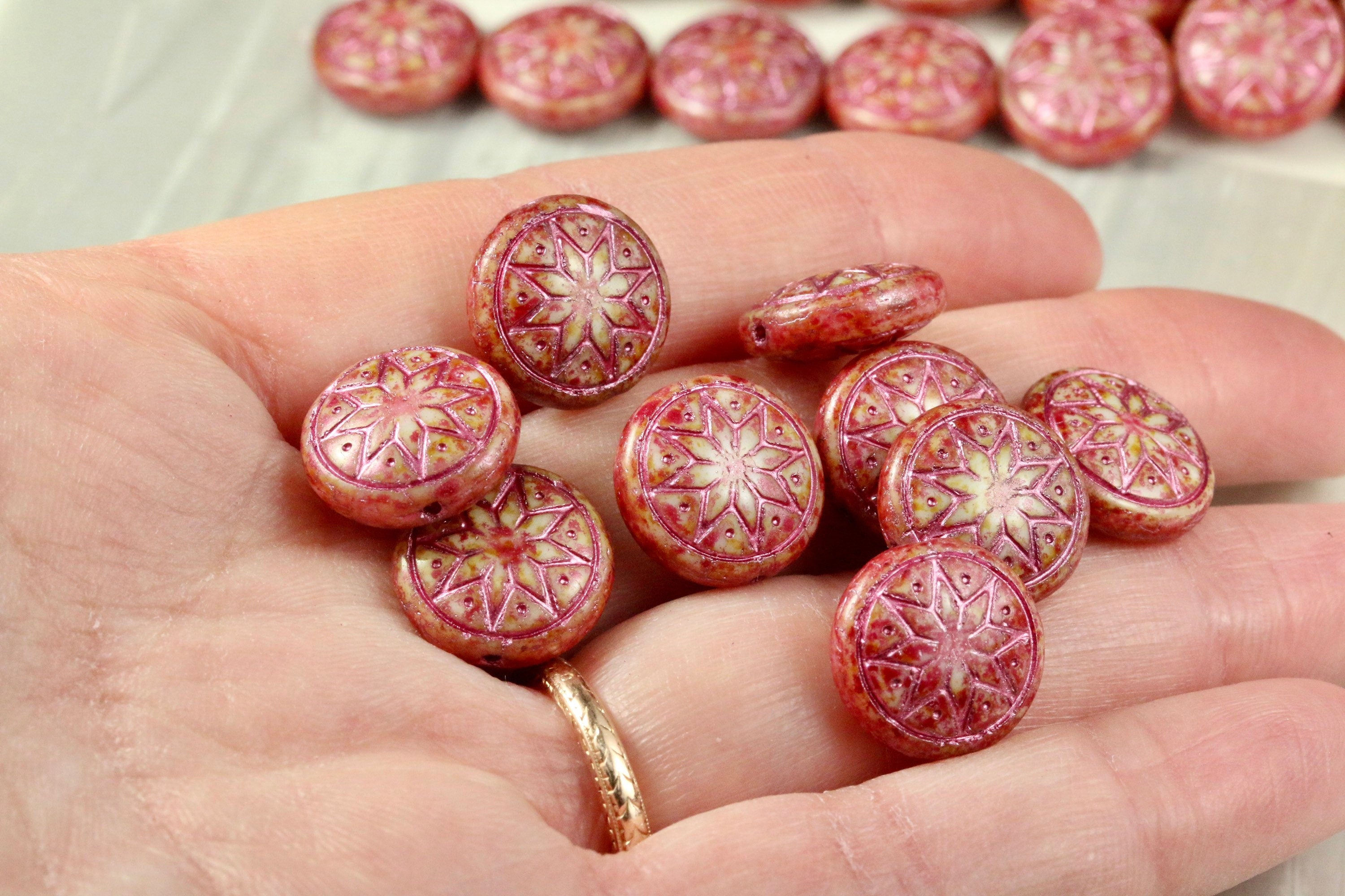 6pcs Czech Star of Ishtar beads - pressed Czech glass puffed coins - Alabaster CHILI with METALLIC PINK wash - 13mm