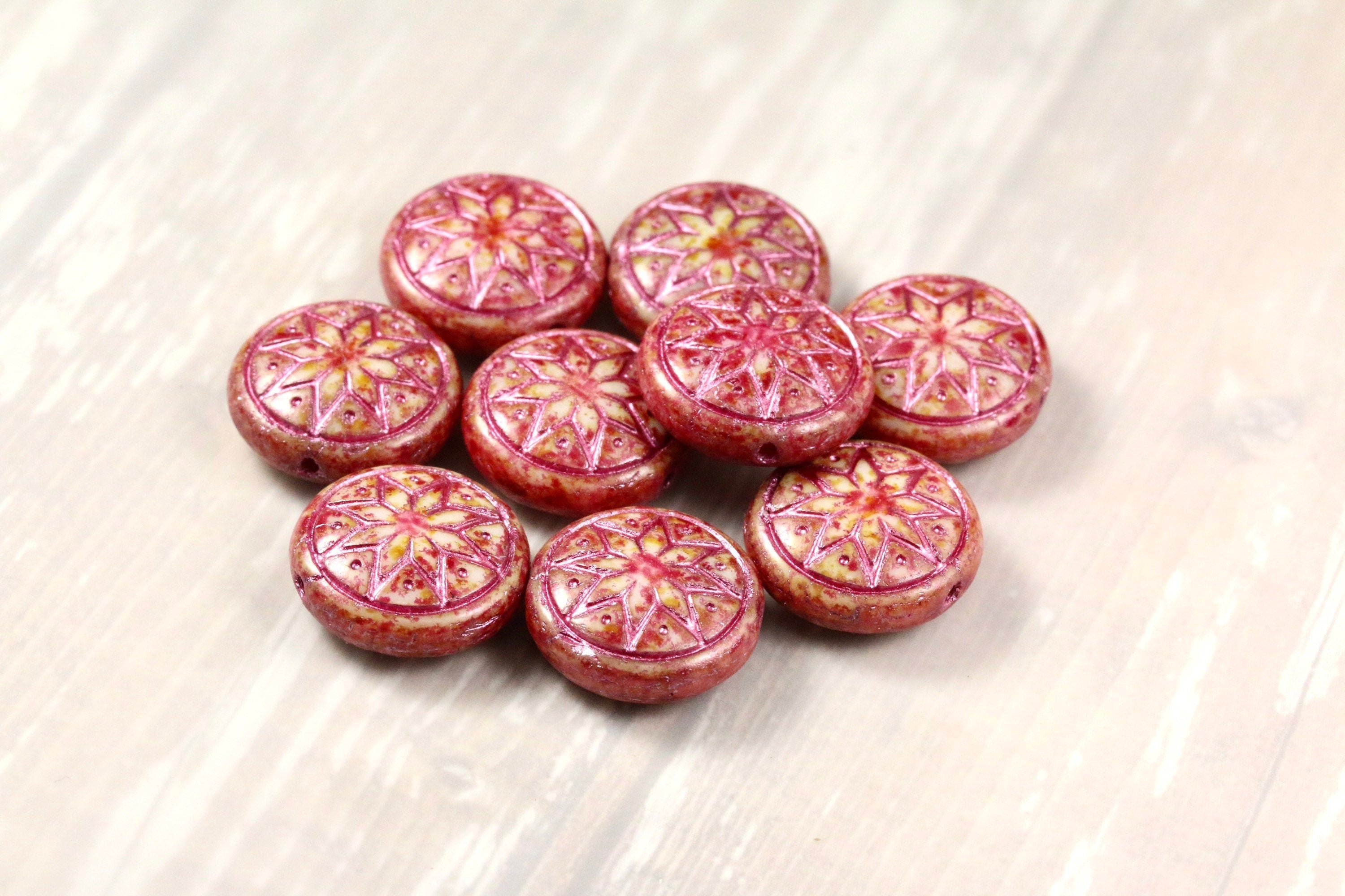 6pcs Czech Star of Ishtar beads - pressed Czech glass puffed coins - Alabaster CHILI with METALLIC PINK wash - 13mm