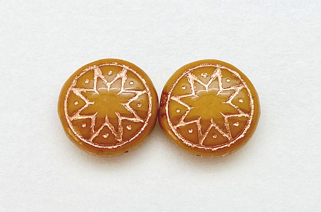 6pcs Czech Star of Ishtar beads - pressed Czech glass puffed coins - Opaque Ocher with METALLIC ROSE GOLD wash - 13mm