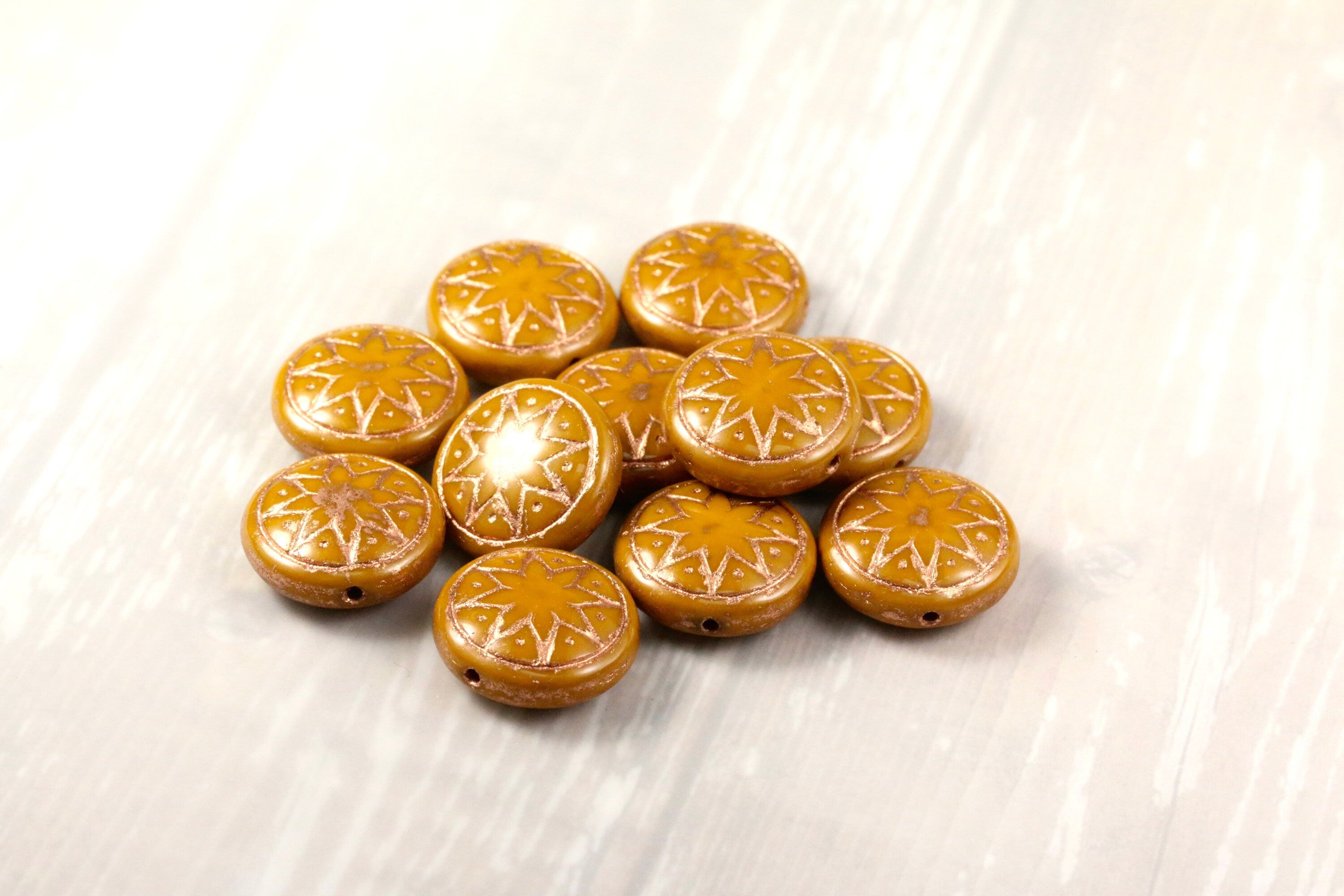 6pcs Czech Star of Ishtar beads - pressed Czech glass puffed coins - Opaque Ocher with METALLIC ROSE GOLD wash - 13mm