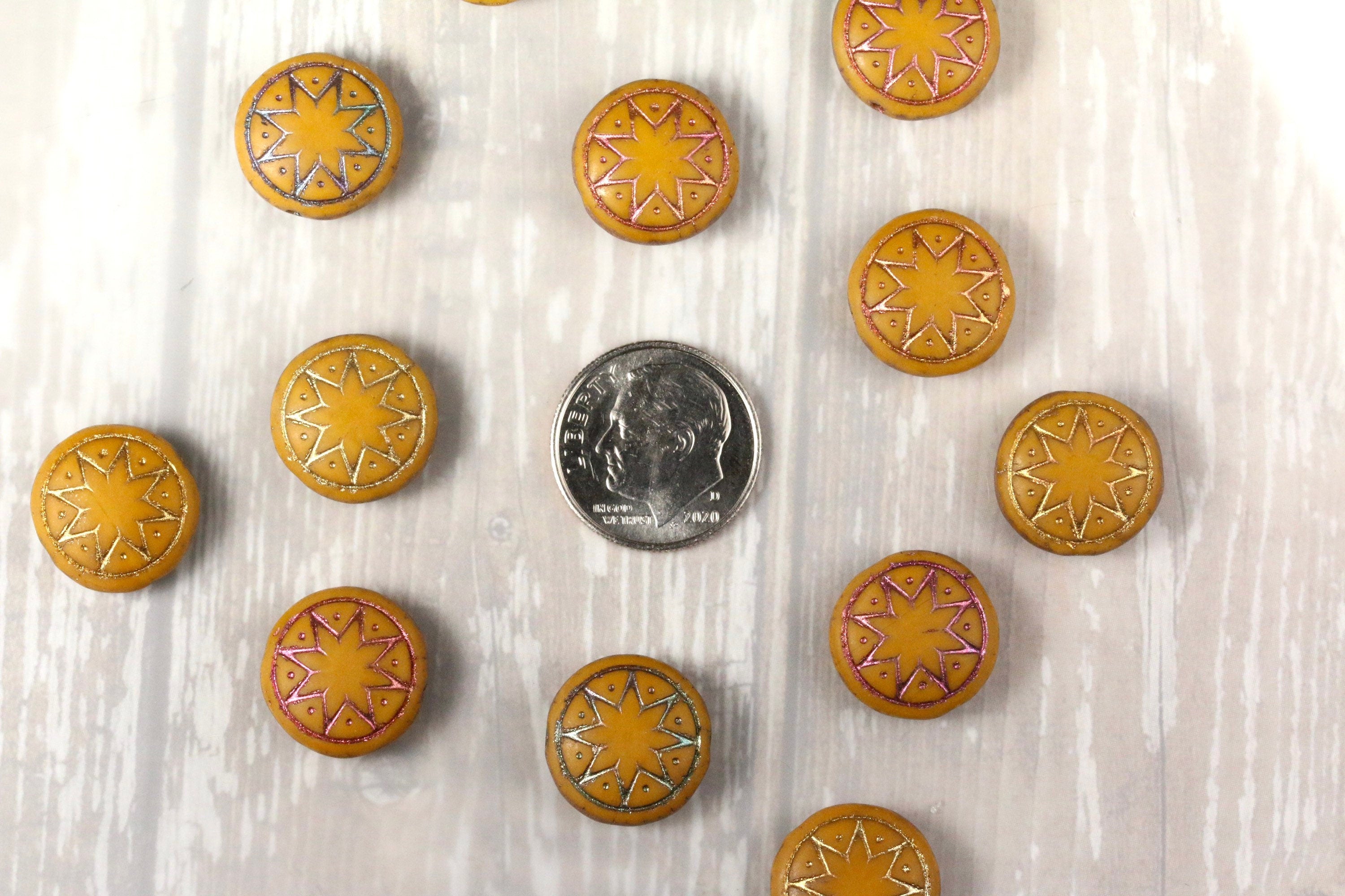 6pcs Czech Star of Ishtar beads - pressed Czech glass puffed coins - Opaque MATTED Mustard with METALLIC IRIS Gold wash - 13mm