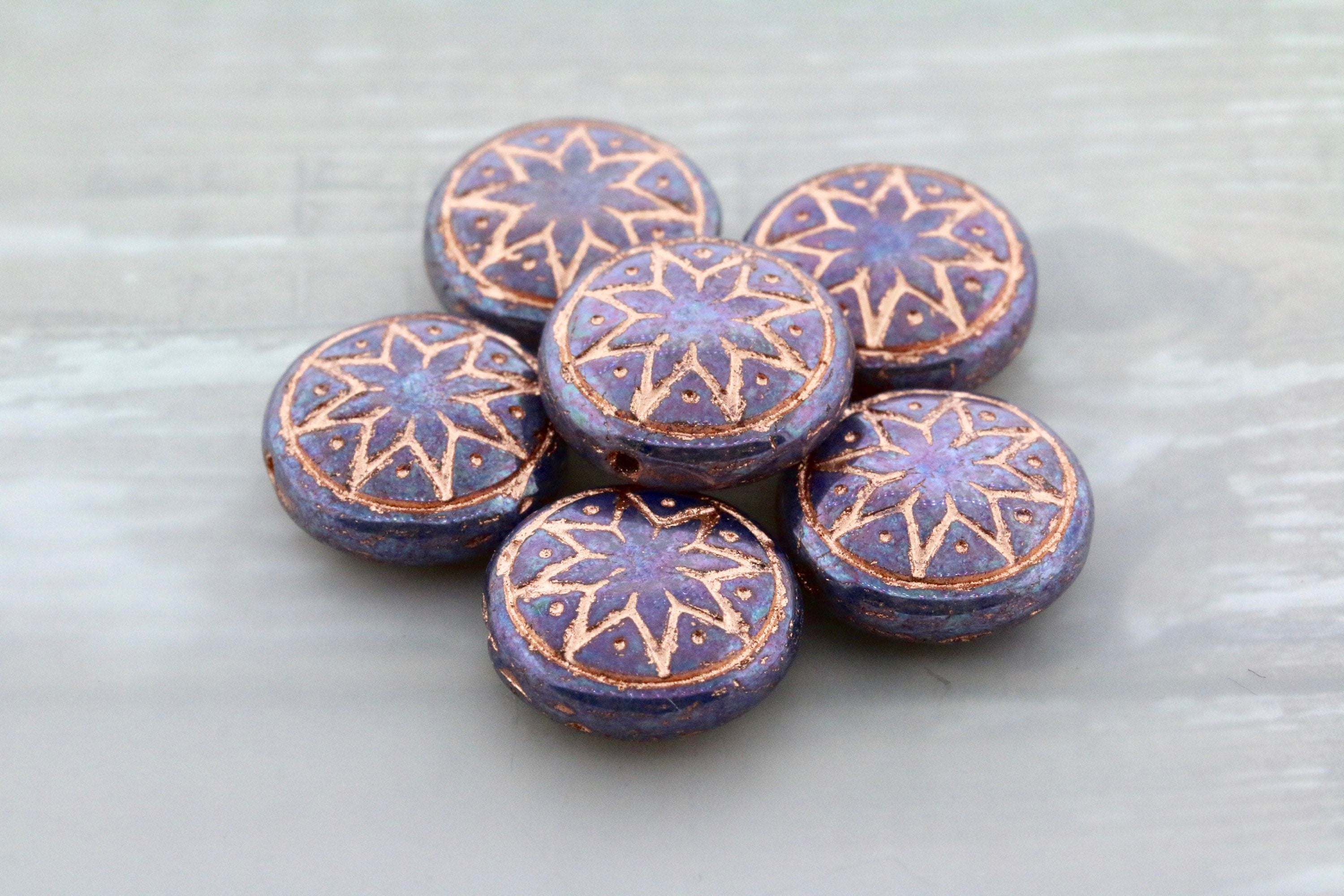 6pcs Czech Star of Ishtar beads - pressed Czech glass puffed coins - Light Pink Opal PURPLE IRIS Rose GOLD Wash - 13mm