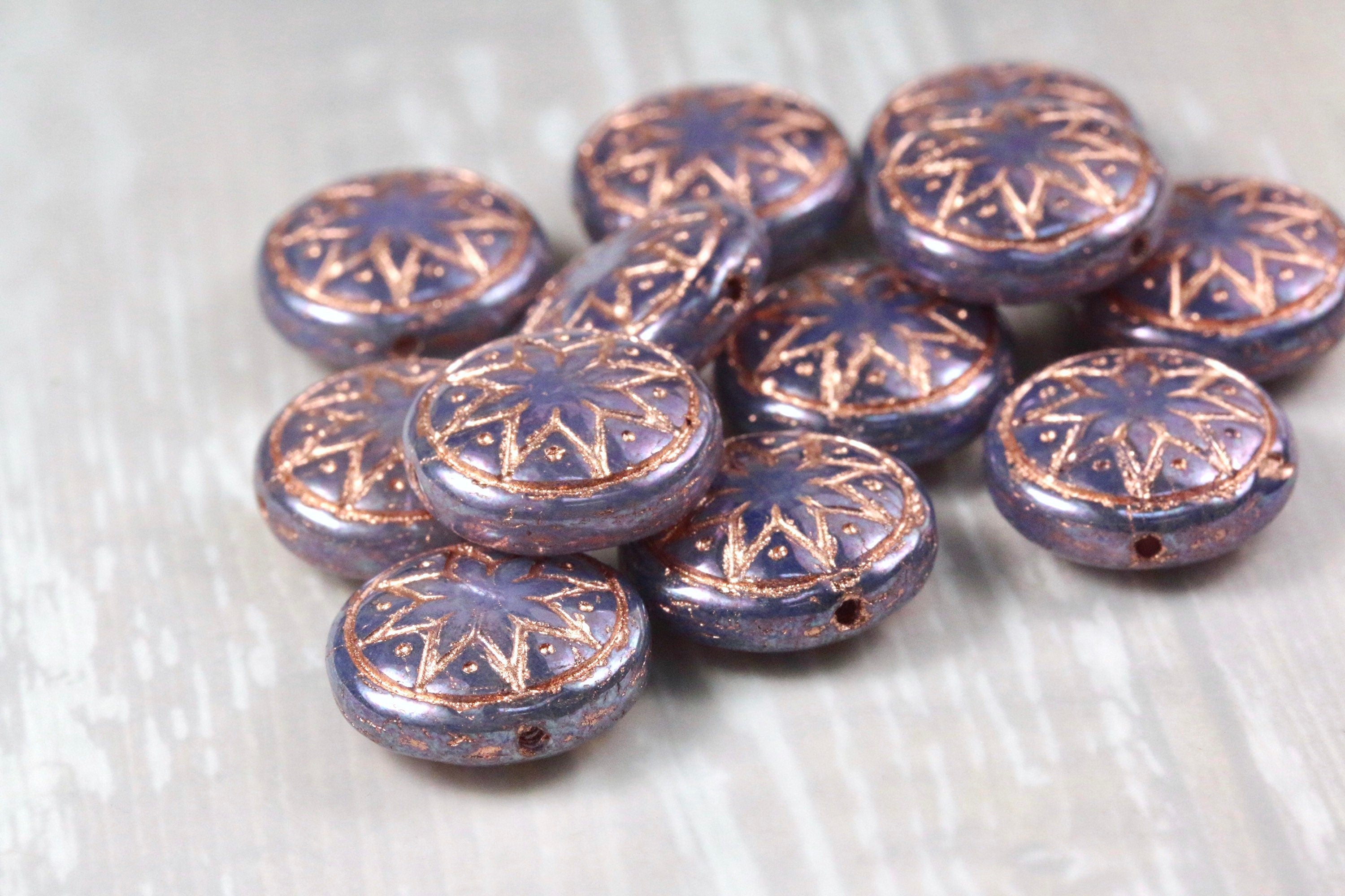 6pcs Czech Star of Ishtar beads - pressed Czech glass puffed coins - Light Pink Opal PURPLE IRIS Rose GOLD Wash - 13mm