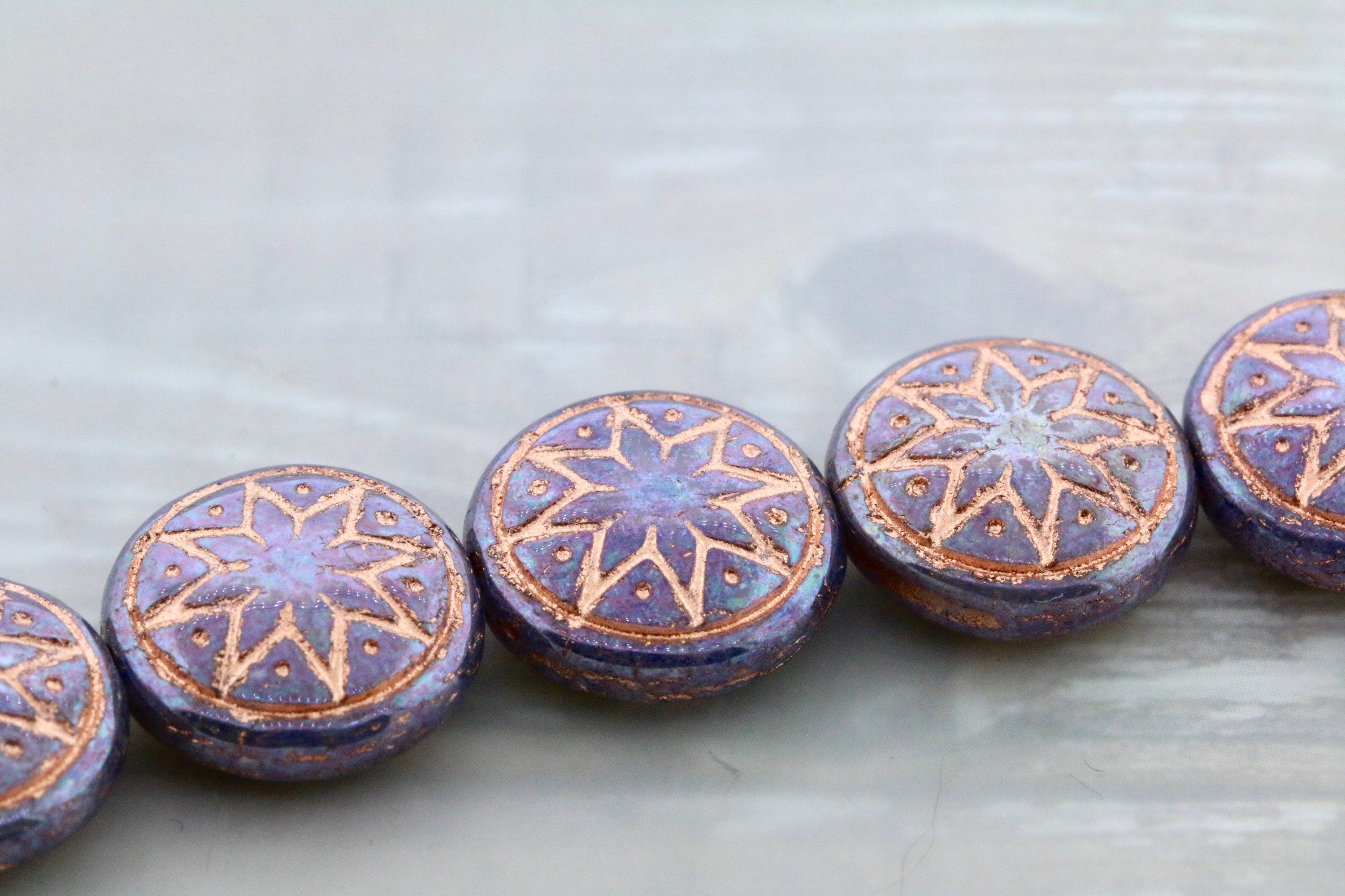 6pcs Czech Star of Ishtar beads - pressed Czech glass puffed coins - Light Pink Opal PURPLE IRIS Rose GOLD Wash - 13mm