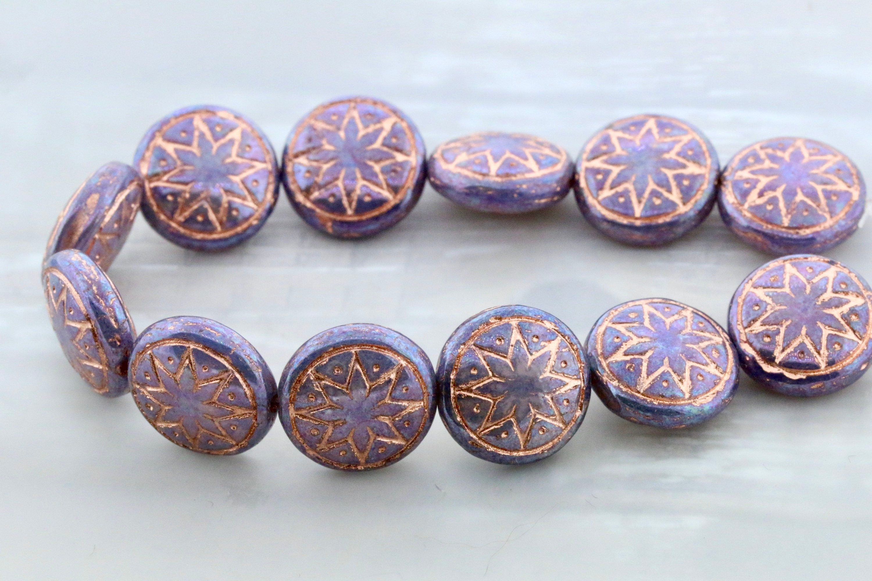 6pcs Czech Star of Ishtar beads - pressed Czech glass puffed coins - Light Pink Opal PURPLE IRIS Rose GOLD Wash - 13mm