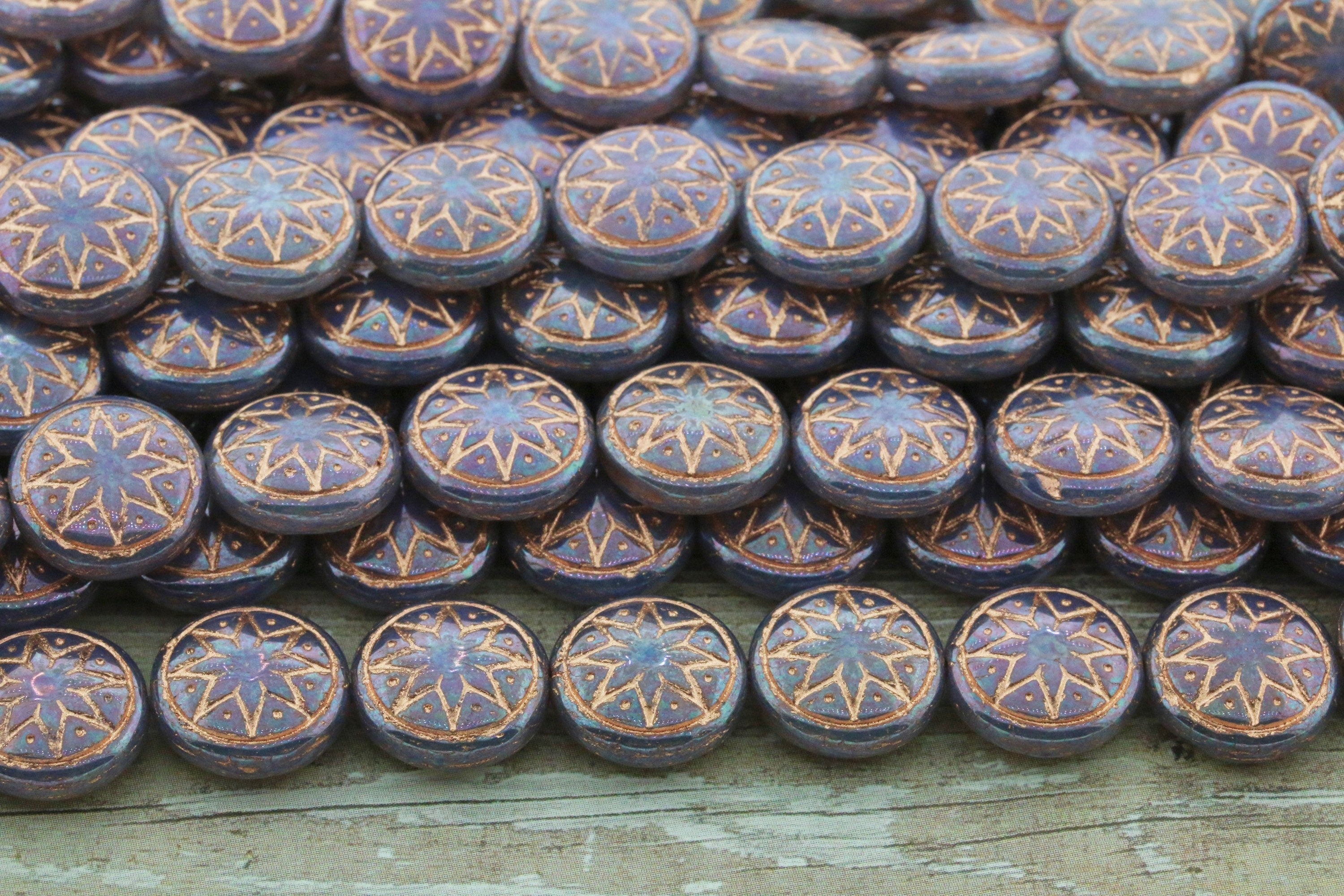 6pcs Czech Star of Ishtar beads - pressed Czech glass puffed coins - Light Pink Opal PURPLE IRIS Rose GOLD Wash - 13mm