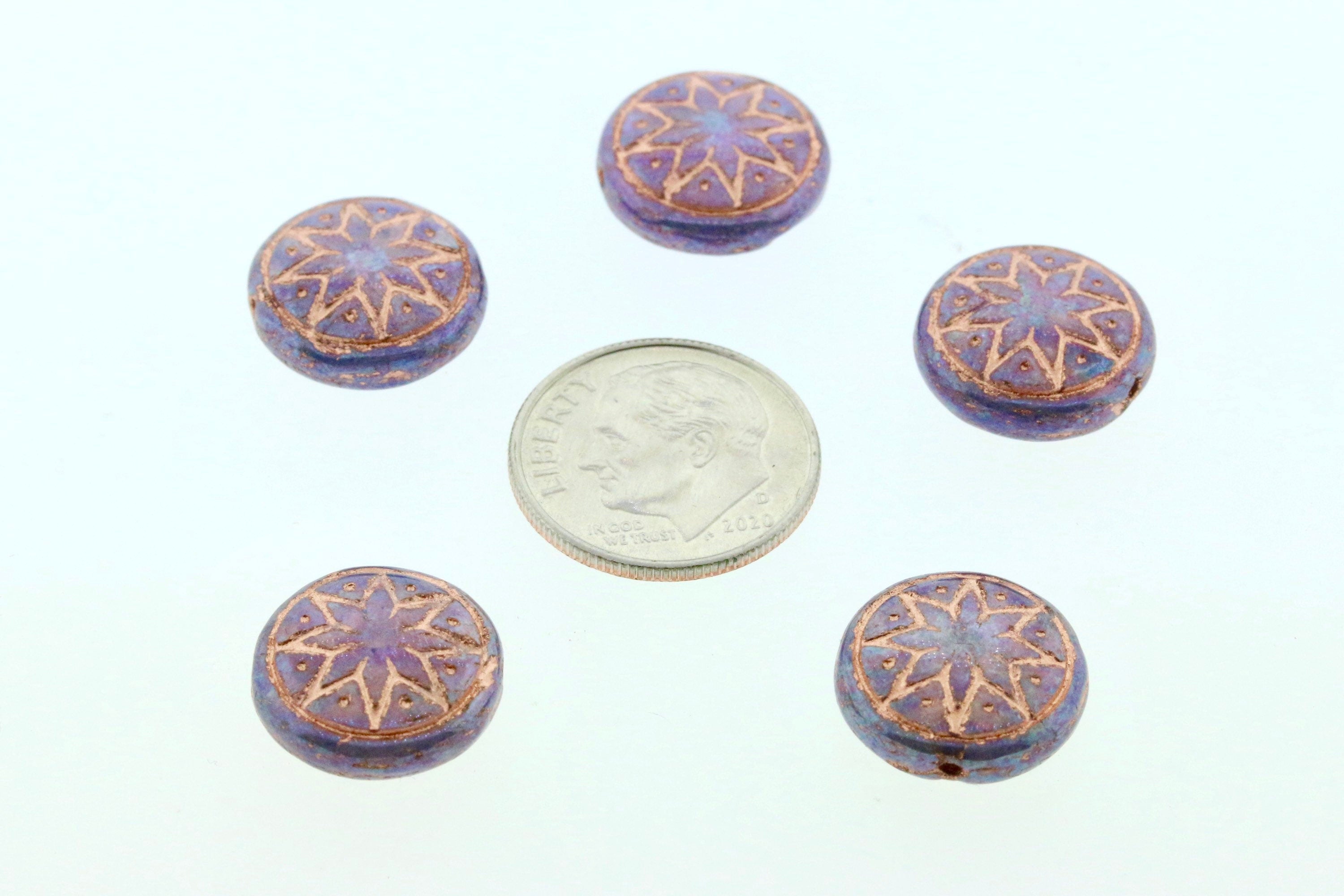 6pcs Czech Star of Ishtar beads - pressed Czech glass puffed coins - Light Pink Opal PURPLE IRIS Rose GOLD Wash - 13mm