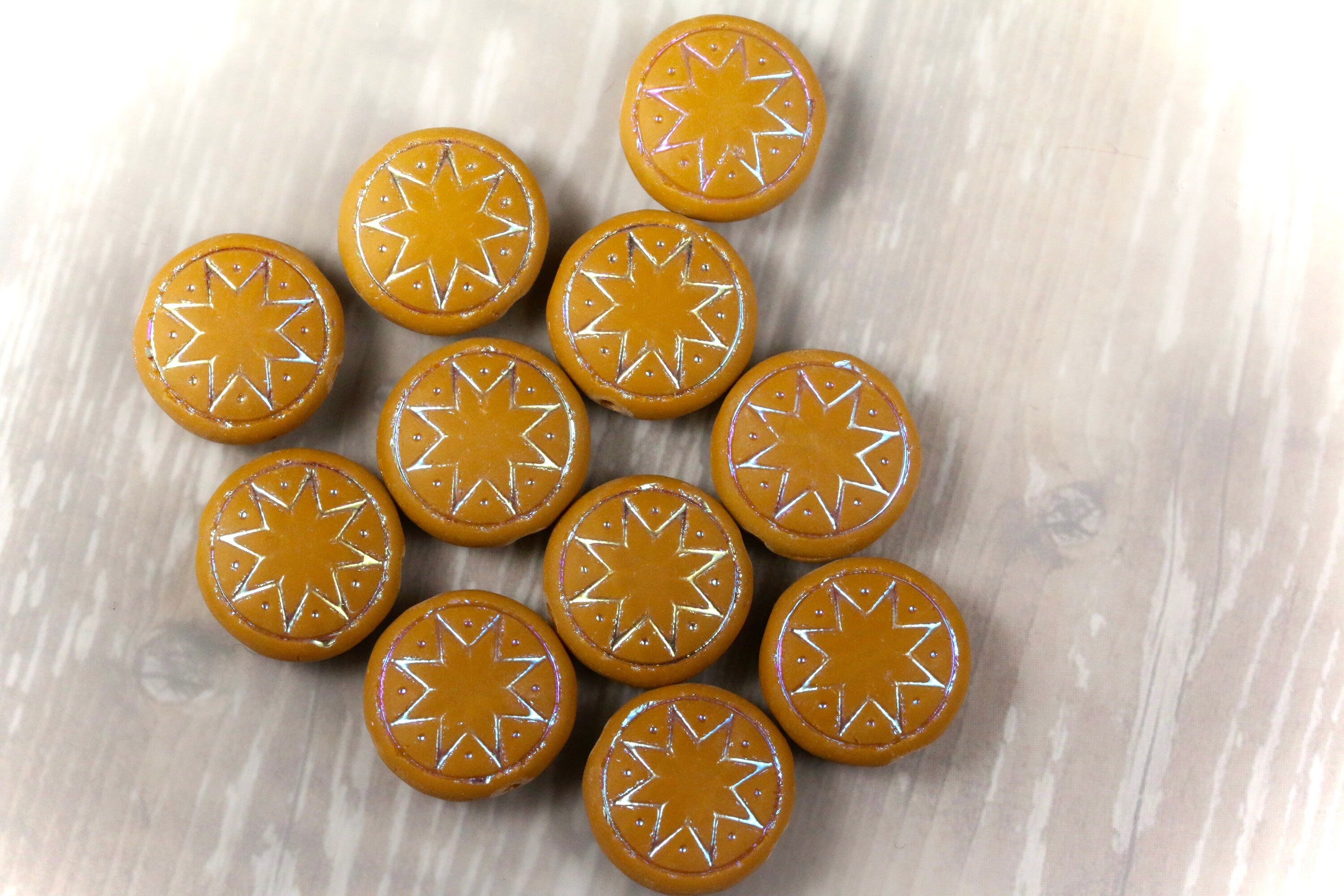 6pcs Czech Star of Ishtar beads - pressed Czech glass puffed coins - FROSTED Ocher AB - 13mm