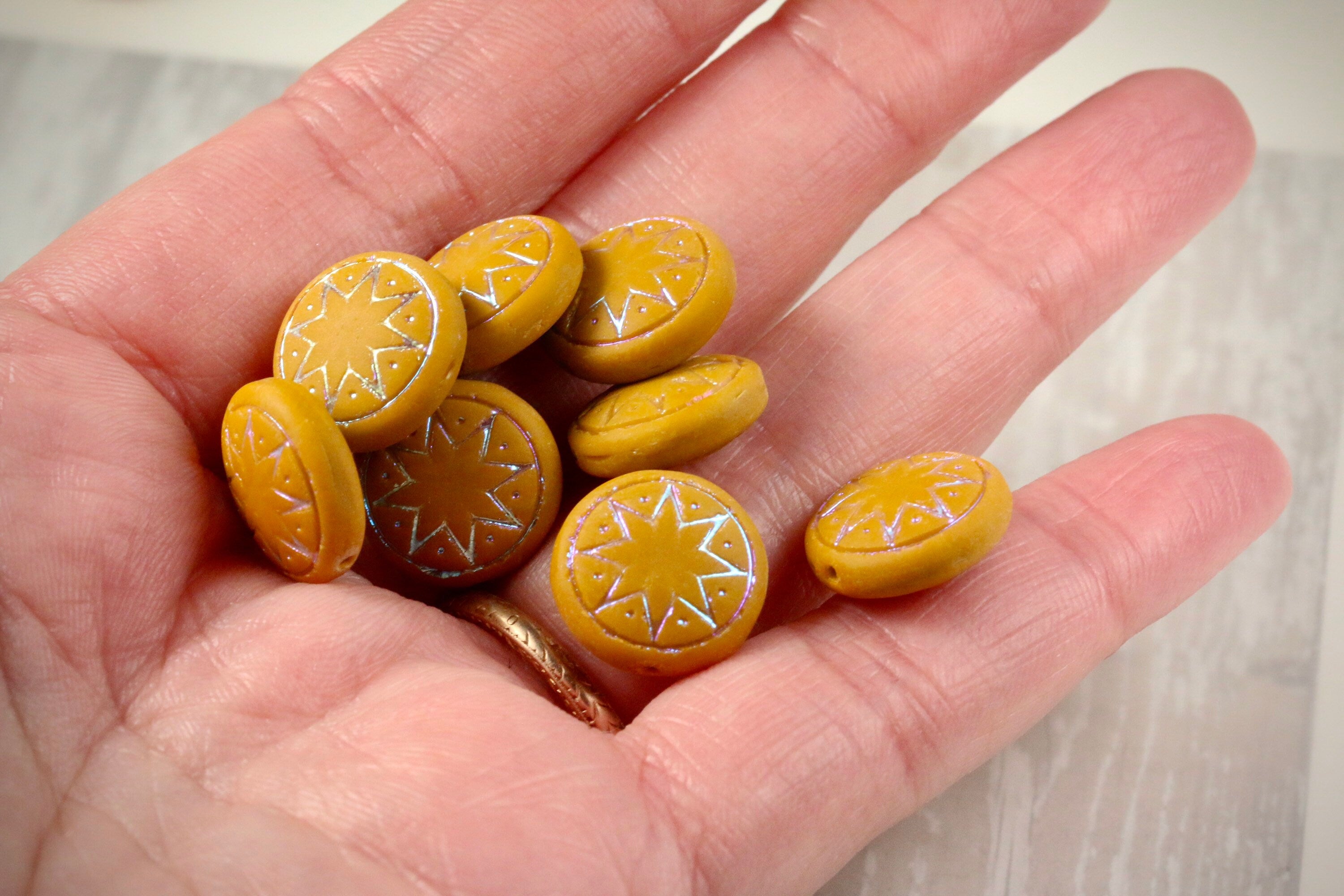 6pcs Czech Star of Ishtar beads - pressed Czech glass puffed coins - FROSTED Ocher AB - 13mm