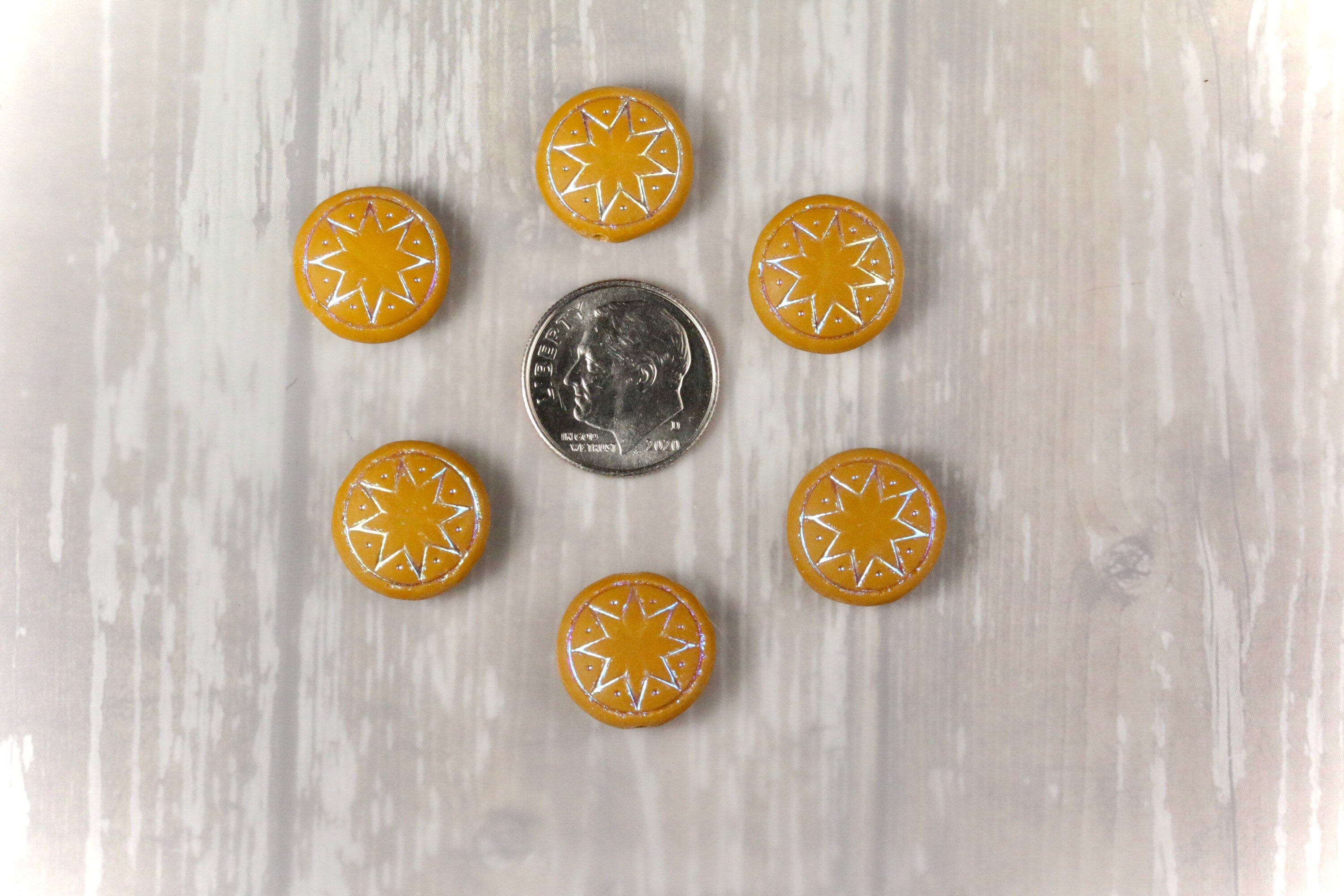 6pcs Czech Star of Ishtar beads - pressed Czech glass puffed coins - FROSTED Ocher AB - 13mm